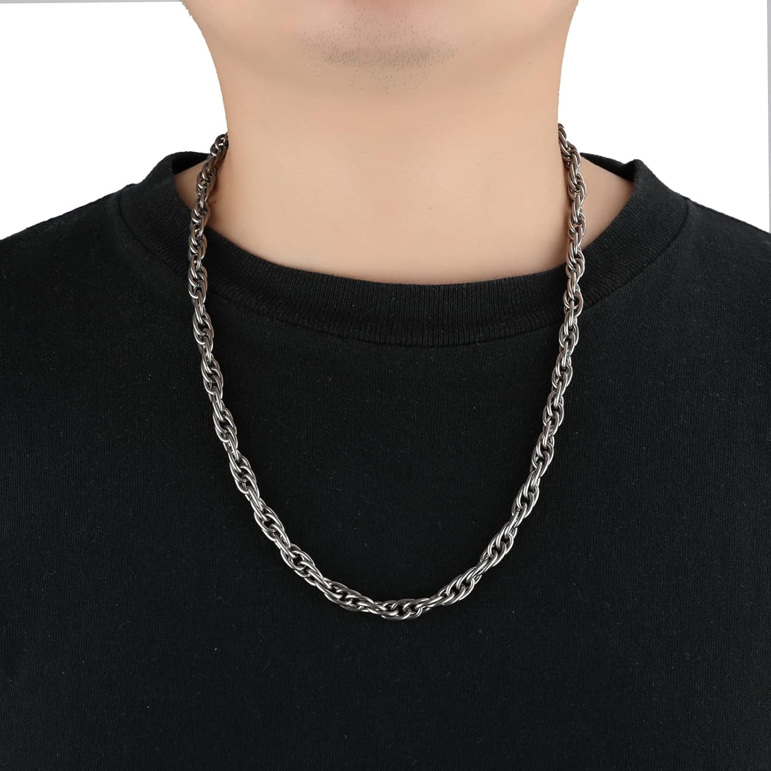 SanThree 7mm Pure Titanium Twist Link Chain Necklace, Skin Friendly Solid Titanium Braid Link Necklaces for Men & Women Birthday Gifts, 23.62 inches - Image 3