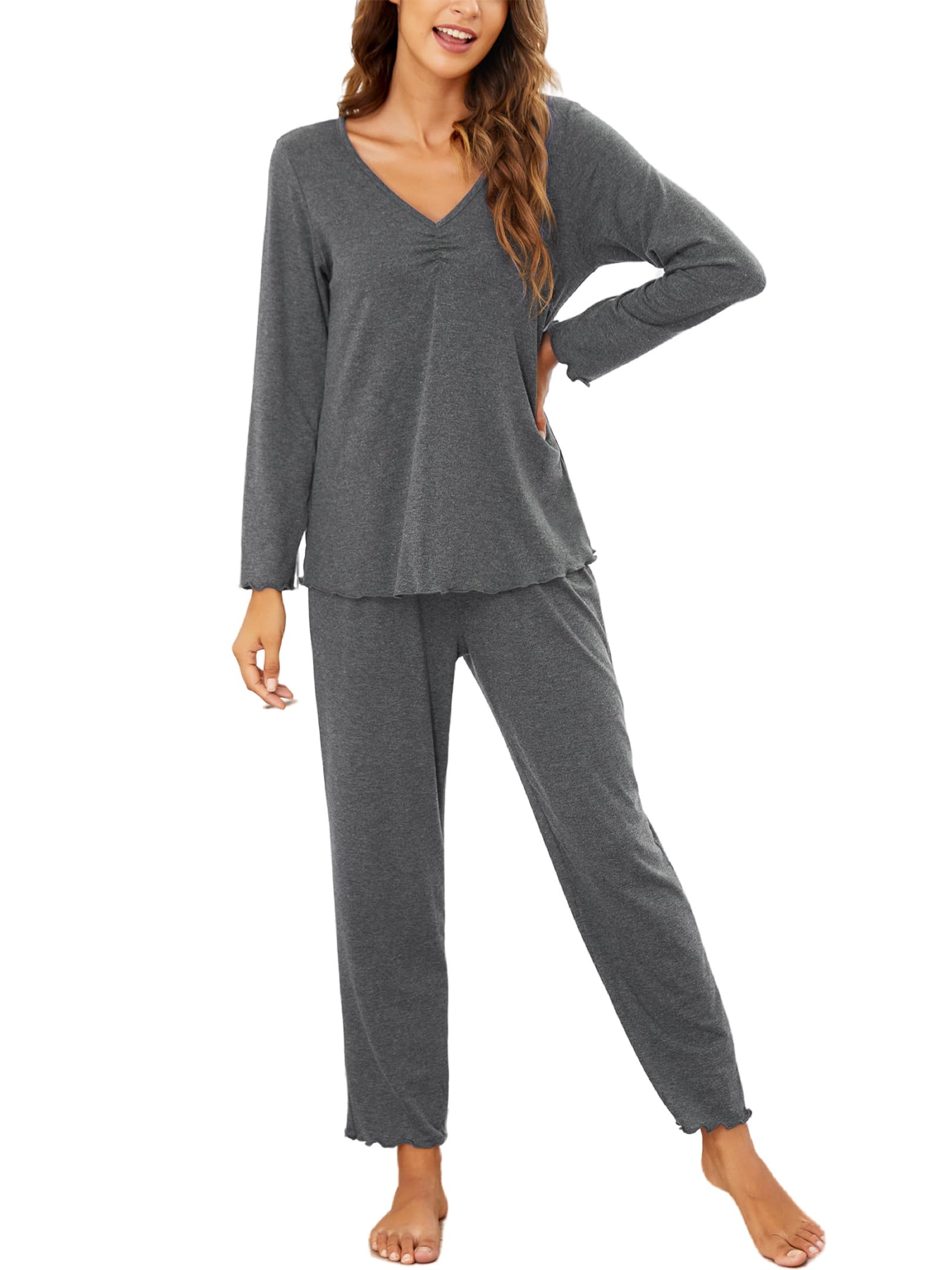 Ekouaer Schlafanzug Damen Lang Pyjama Set Kuschelig Nachtwäsche Zweiteiler Herbst Schlafanzüge Langarm Hausanzug