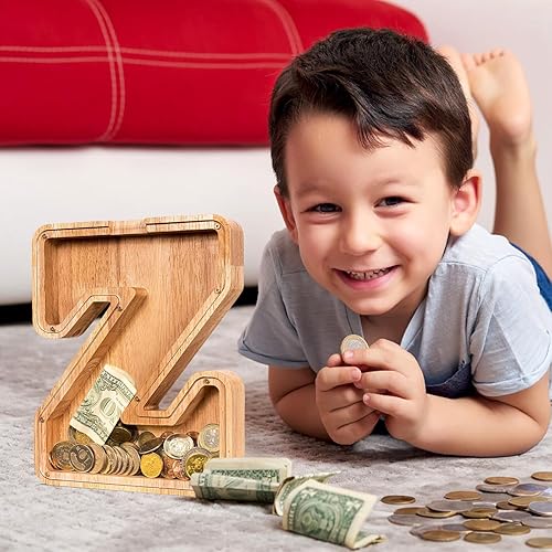 Miniatura 396 de SummiDate Alcancía de madera con nombre, niños y niñas, tamaño grande, letras alfabeto A-Z, monedas y billetes, inicial en cubierta transparente