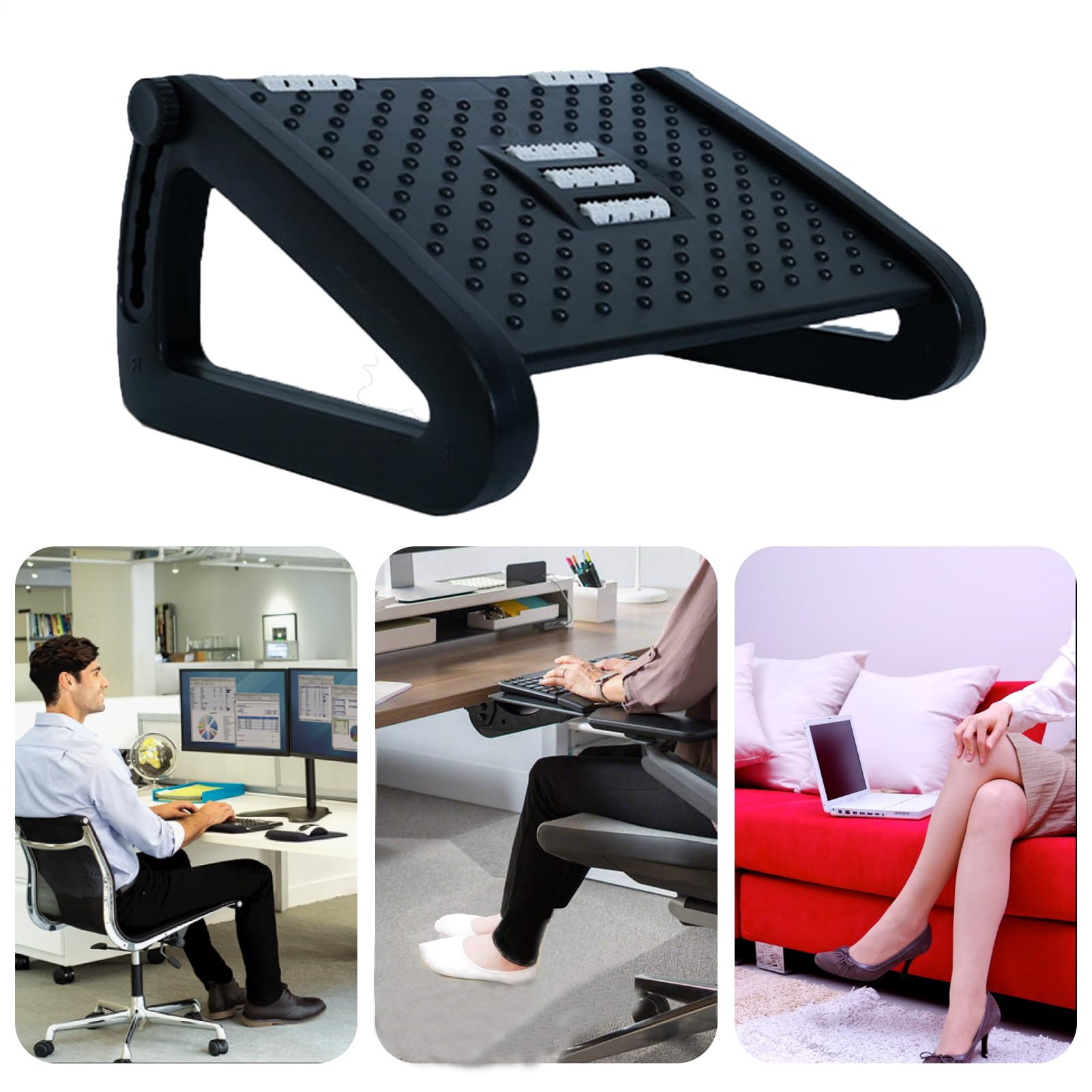Pedana ergonomica regolabile in altezza con 6 livelli, sotto supporto per | piedi da scrivania con massaggio integrato | Migliora la postura e riduce l'affaticamento delle gambe, stabile e non scivola
