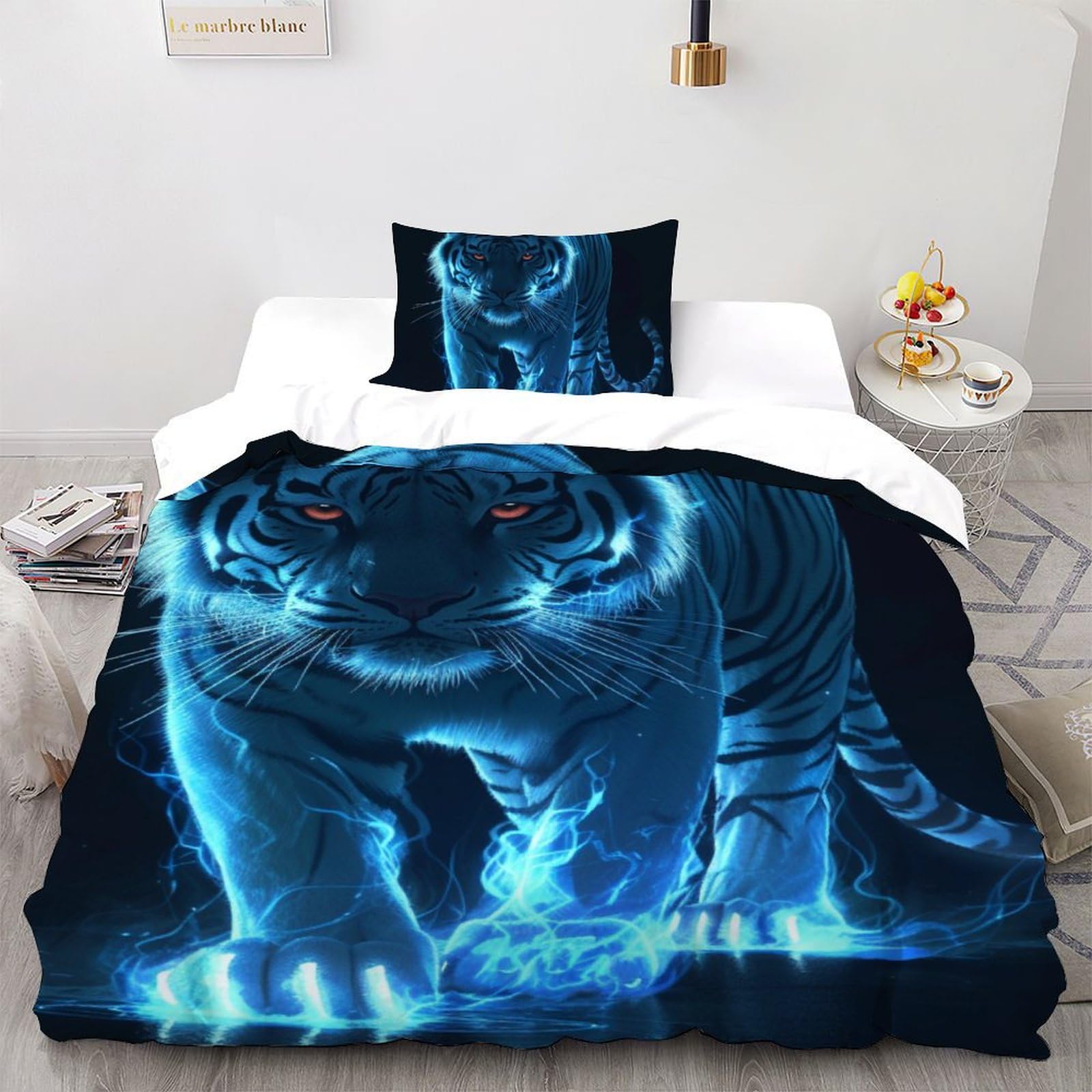 Housse de couette tigre blanc avec fermeture éclair parure lit 2 pièces