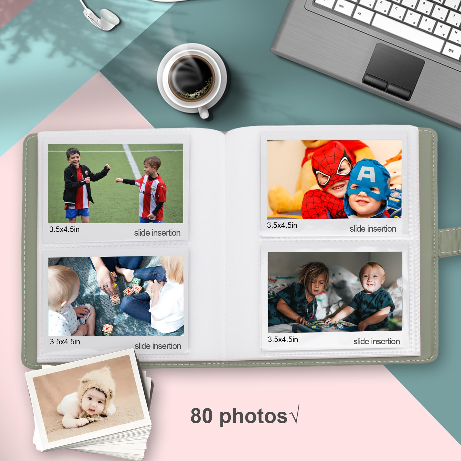 VOVMOEYA Lot de 80 pochettes pour appareil photo 3,5 x 4,5 pouces, pour Polaroid et Fujifilm Instax Wide 400/300/210, album photo 20 pages, 80 images, vert