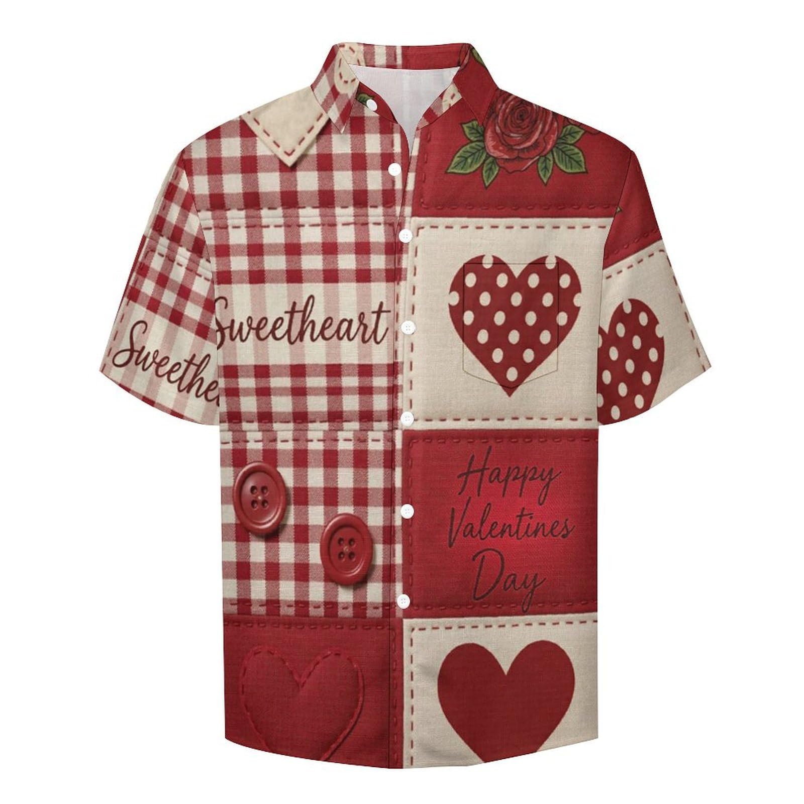 Camicie da Uomo a Maniche Corte con Stampa della Cuore A Scacchi Patchwork retrò, Casual Leggere Bottoni Camicia con Tasca Frontale, per Vacanze Spiaggia Estate