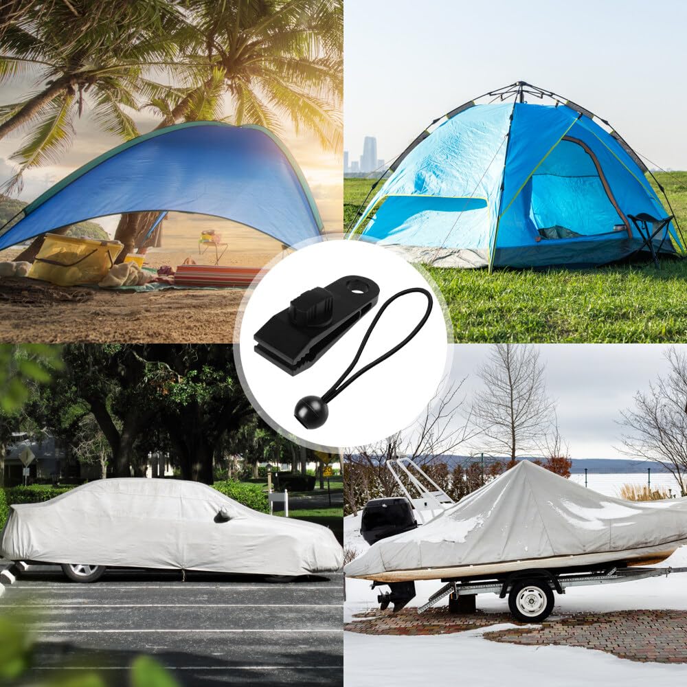 Planenclips, Planenspanner, 12 Stück Einstellbare Zelt Tarps Clip, 12 Stück Bungee Ball Schnüre, Wiederverwendbare Tarp Klammern mit 1 Aufbewahrungstasche (Schwarz), AM02874411SU