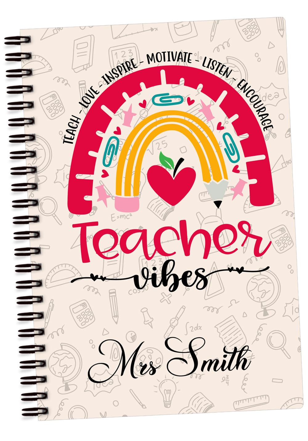 EnvyFone Teacher Gift: Personalised A5 Notebook - Rainbow - Teacher Vibes - Thank You - Add a Name - Teacher Present, Teaching Assistant, Leaving Gift - Mens and Womans School End of Year