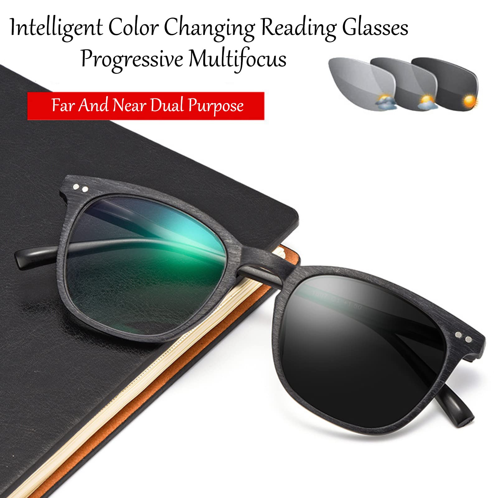 Gafas de Lectura multifoco progresivas Unisex, Gafas de Sol fotocromáticas, Montura de Grano de Madera de imitación Retro, Gafas para Ancianos, 03-+1,00