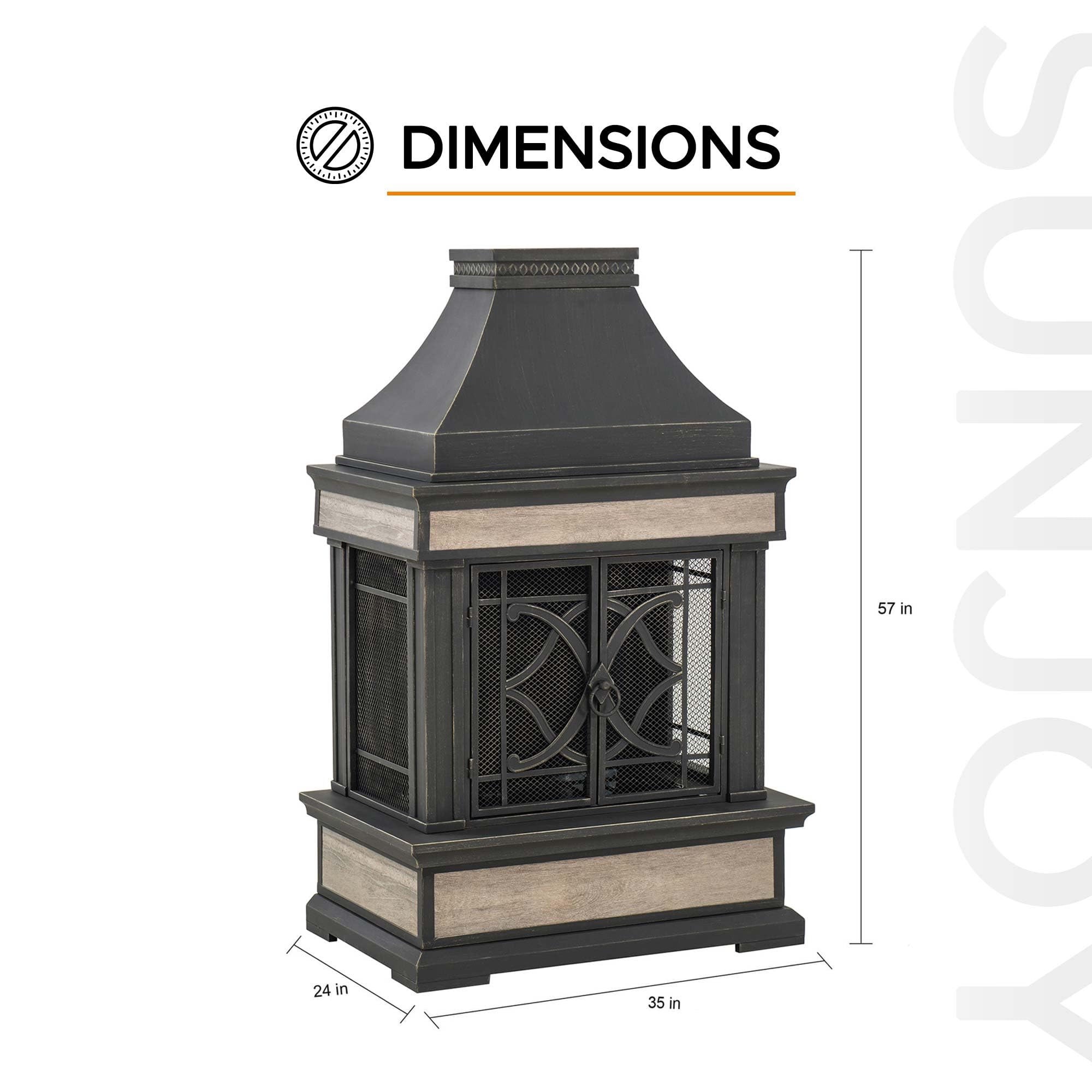 Chimenea al aire libre, azulejos de aspecto de piedra para patio, chimenea de acero con chimenea, pantalla de chispas, póker de fuego, cubierta para lluvia y rejilla extraíble, negro con 8