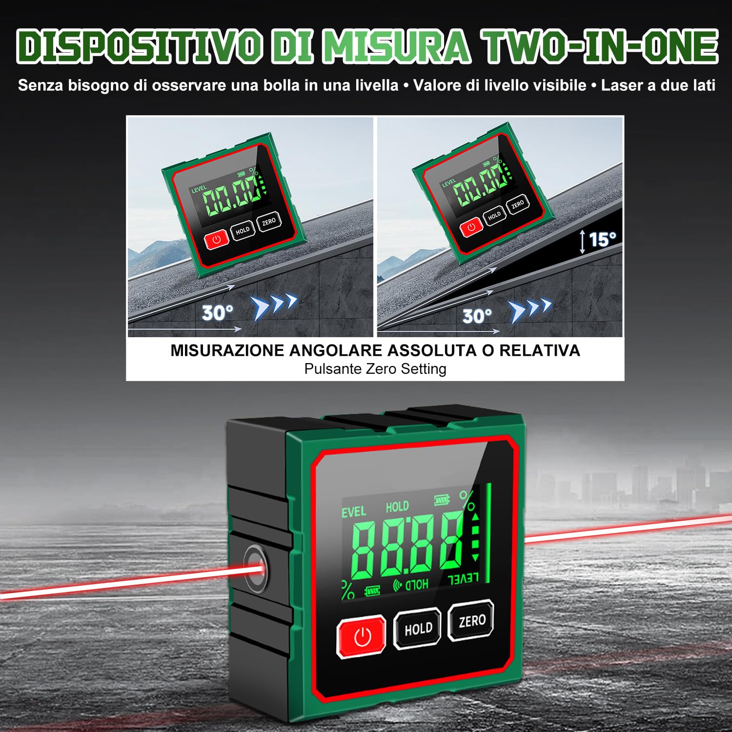 Livella Digitale, Goniometro Digitale con Laser, Elettronico Angle Finder 4x90° con LCD, 4 Lati Magnetici per Ricarica Inclinometro Livella Impermeabile, Ideale per Falegnami