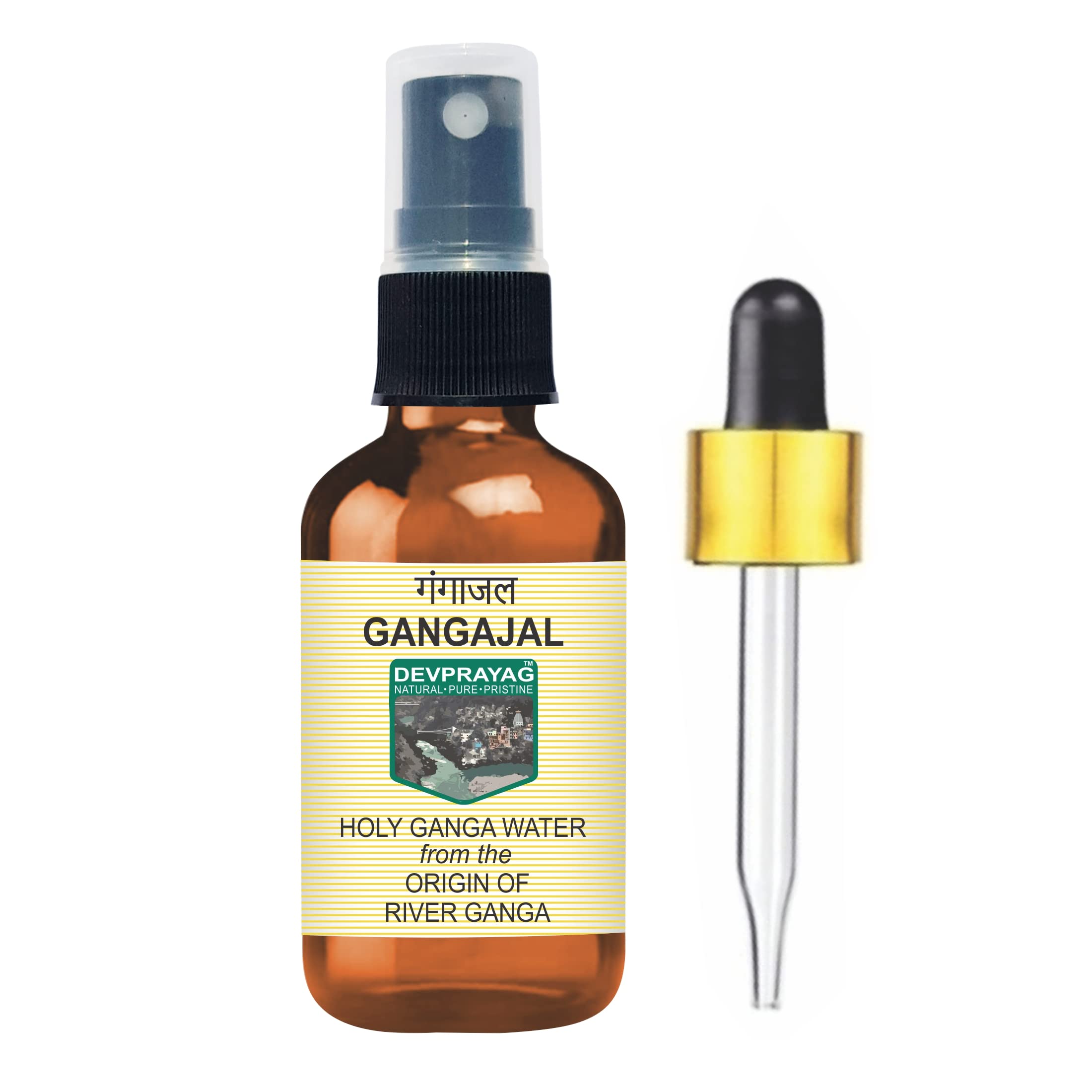 Devprayag Holy Ganga Water from The Origin or Beginning of River Ganga at Devprayag in Amber Glass Bottle with Spray & Dropper - 100ml (3.38oz)