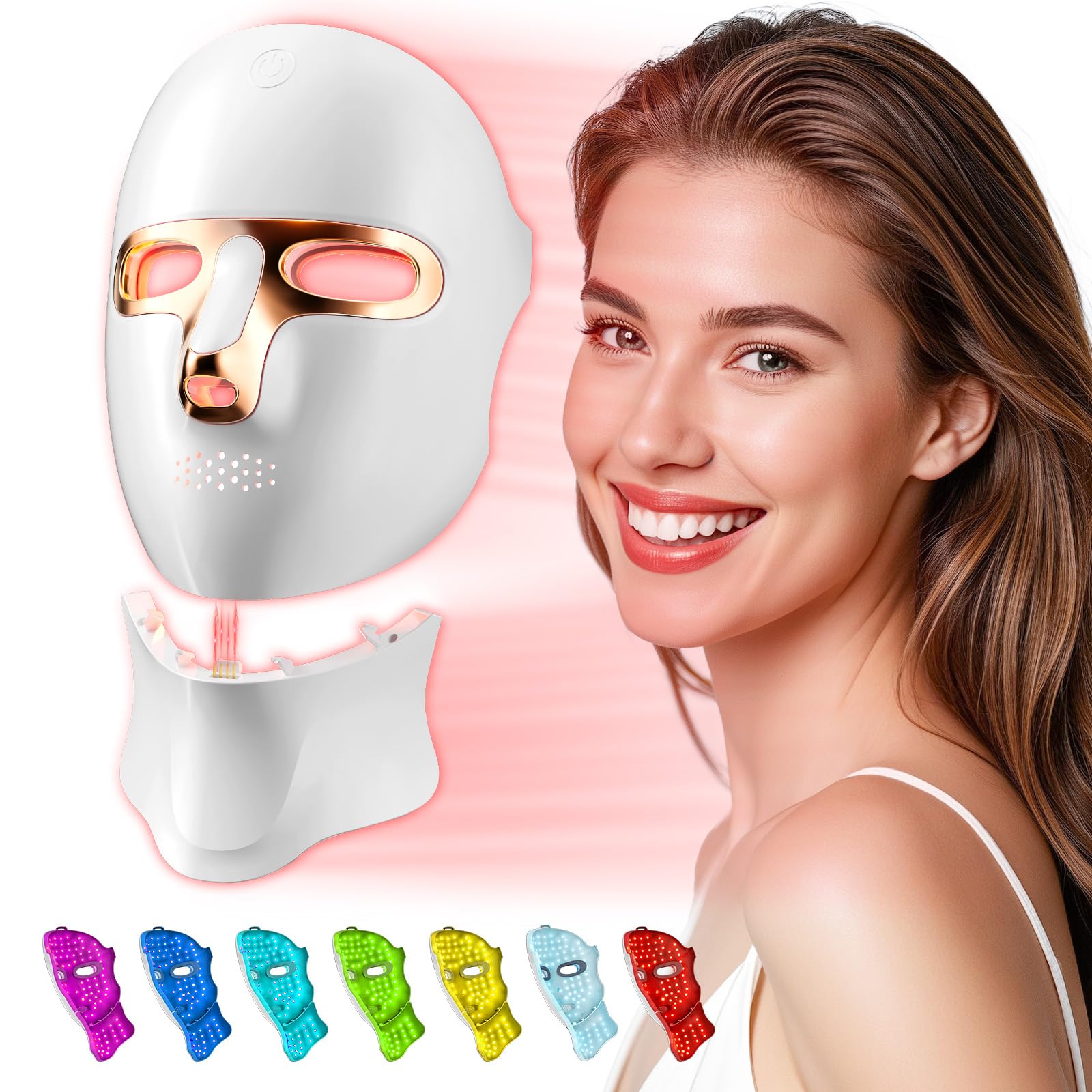 Masque LED Visage Luminothérapie, Masque à Lumière Rouge Rechargeable USB-C, Masque Facial LED pour Soins de la Peau, Maison, Voyage et Yoga(Or) | 7 modes de lumière pour personnaliser vos soins de la peau, design confortable pour la maison, le voyage et