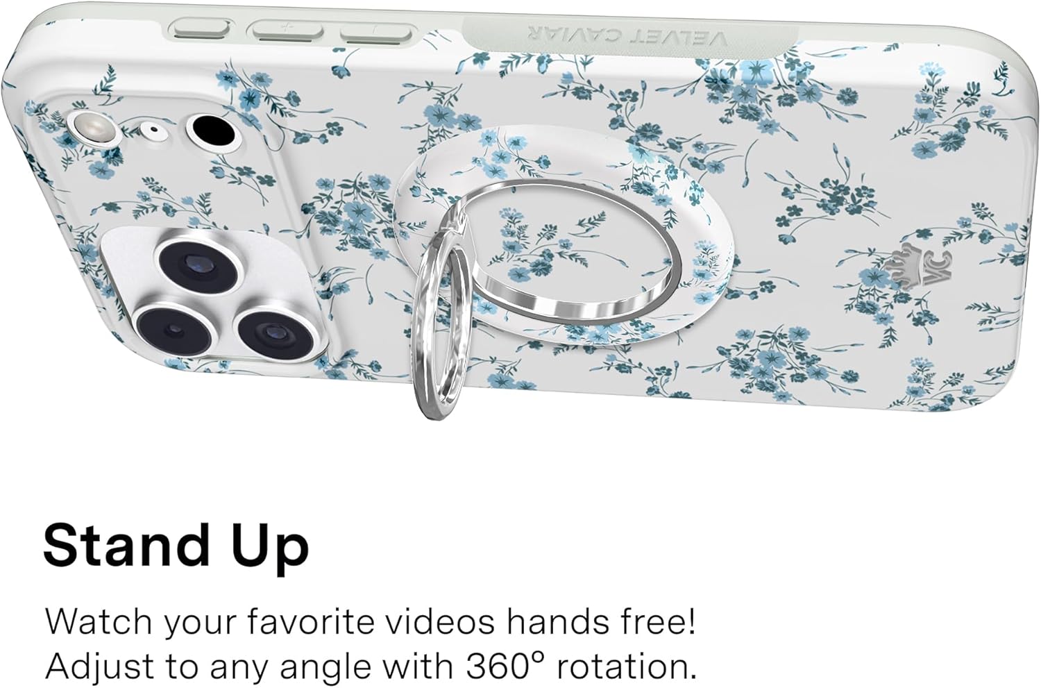 VELVET CAVIAR Compatible with MagSafe Phone Grip 2.0 | Cute Magnetic Ring Holder | Finger Loop Kickstand | Pop On Accessory for iPhone 17, 16, 15, 14, 13, 12 | French Blue Floral
