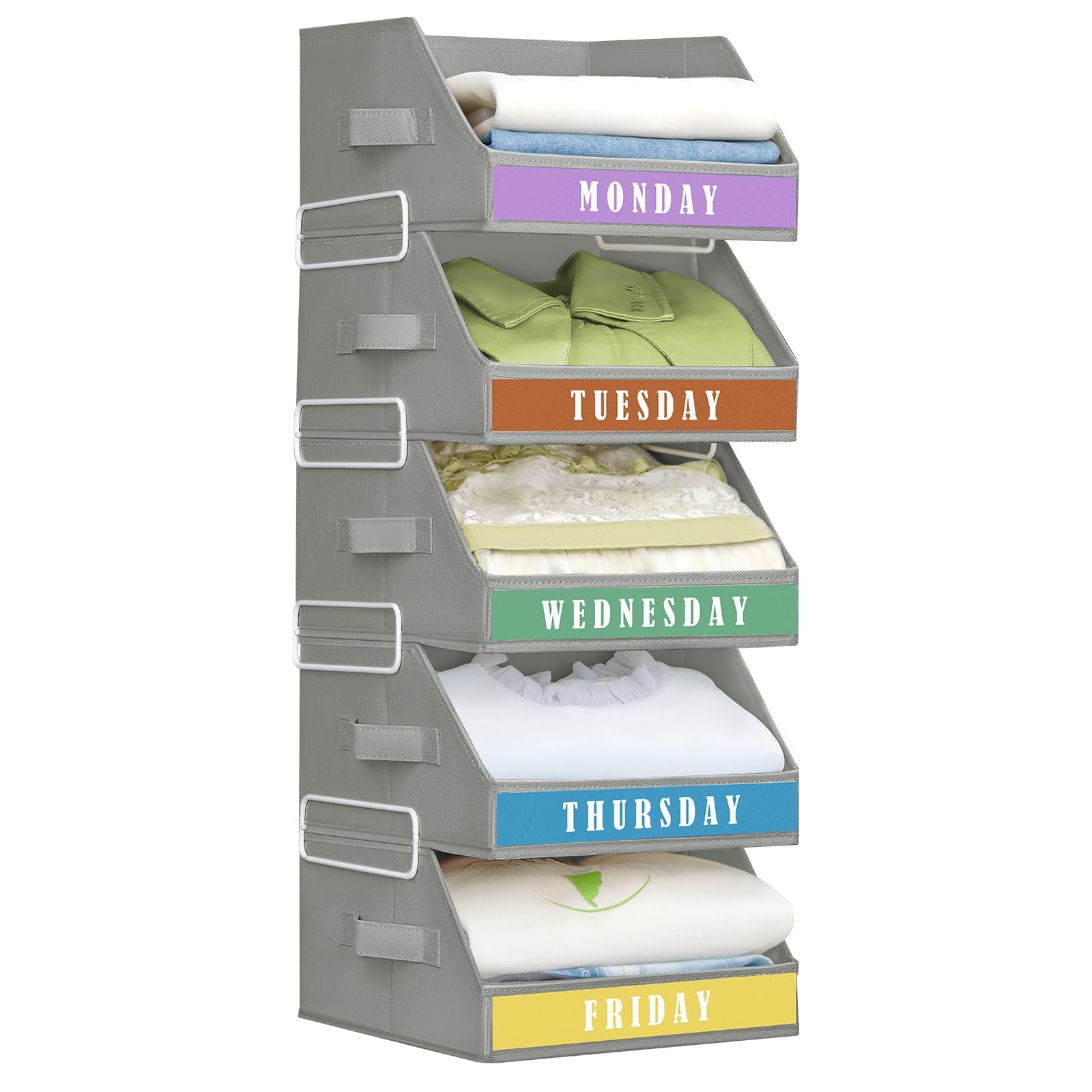 Homsorout 5 Tier Closet Organizers and Storage - Shelf Organizer with Weekly Labels, Stackable Storage Bins with Metal Frame, Foldable Cube Bins, Home Baskets for Kids and Adults, Grey