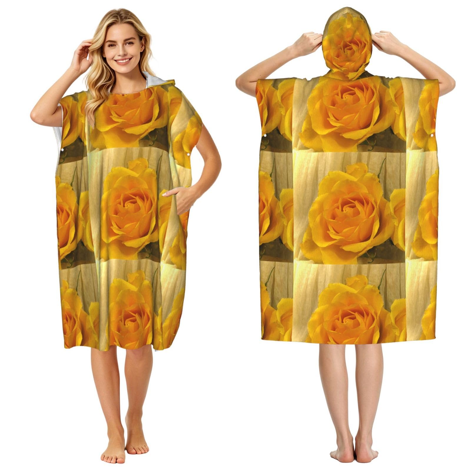Poadnly Yellow Rose Petals, Adult Hooded Beach Towel 90 x 110 cm,Changing Bath Robe, Surf Poncho Towel For Women Men