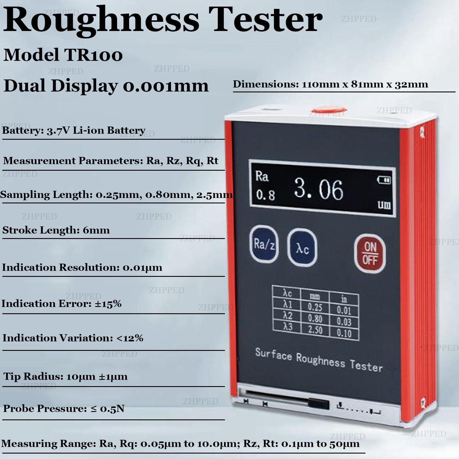Tragbarer Rauheitsprüfer, digitales Oberflächenmessgerät mit Kalibrierblock, 4 Parameter Ra/Rq 0,05-15,0μm Rz/Rt 0,1-50,0μm für industrielle Messung