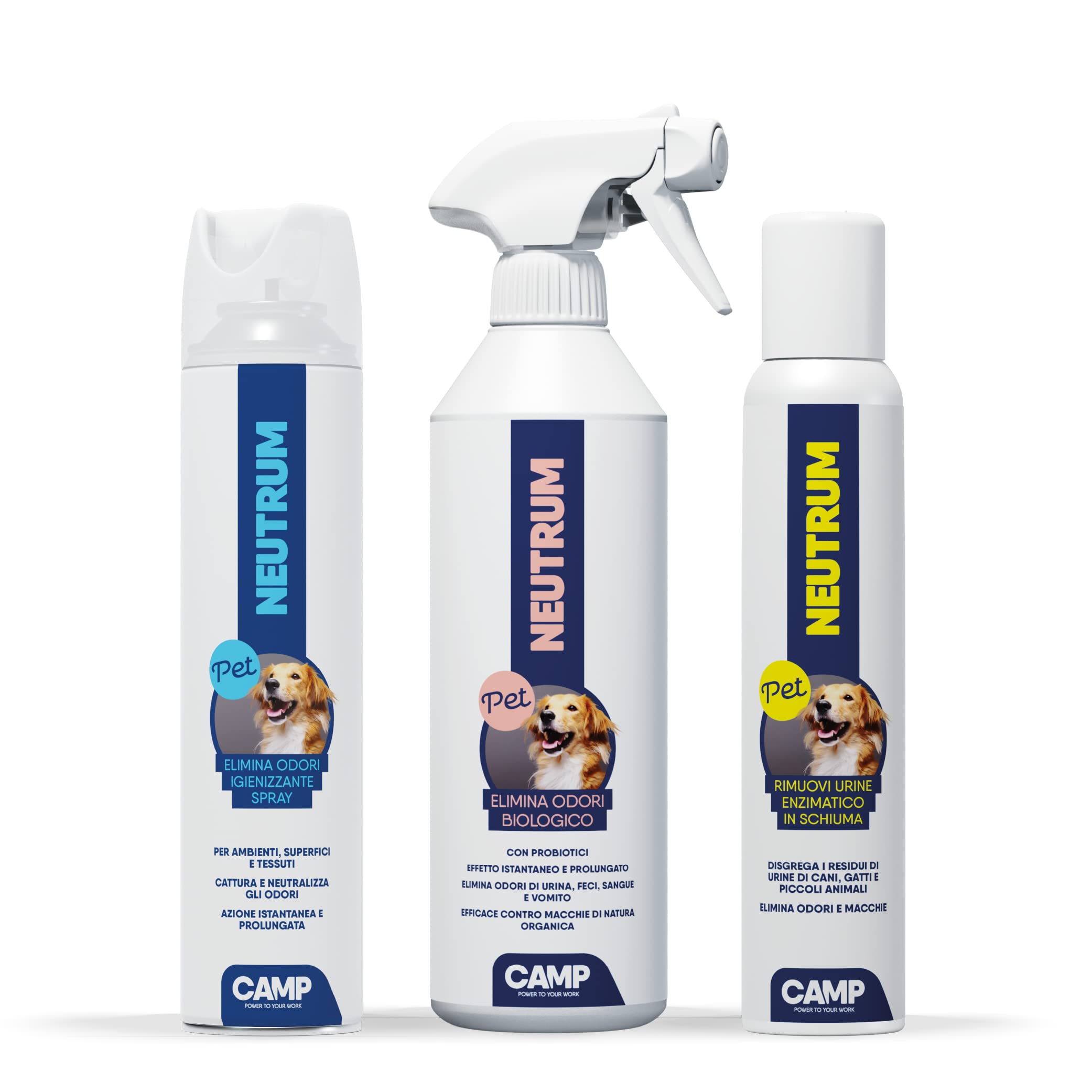 CAMP Neutrum Pet, KIT completo per animali domestici: Elimina odori (500 ml), Rimuovi urine in schiuma tascabile (200 ml) e Elimina odori igienizzante spray (300 ml).