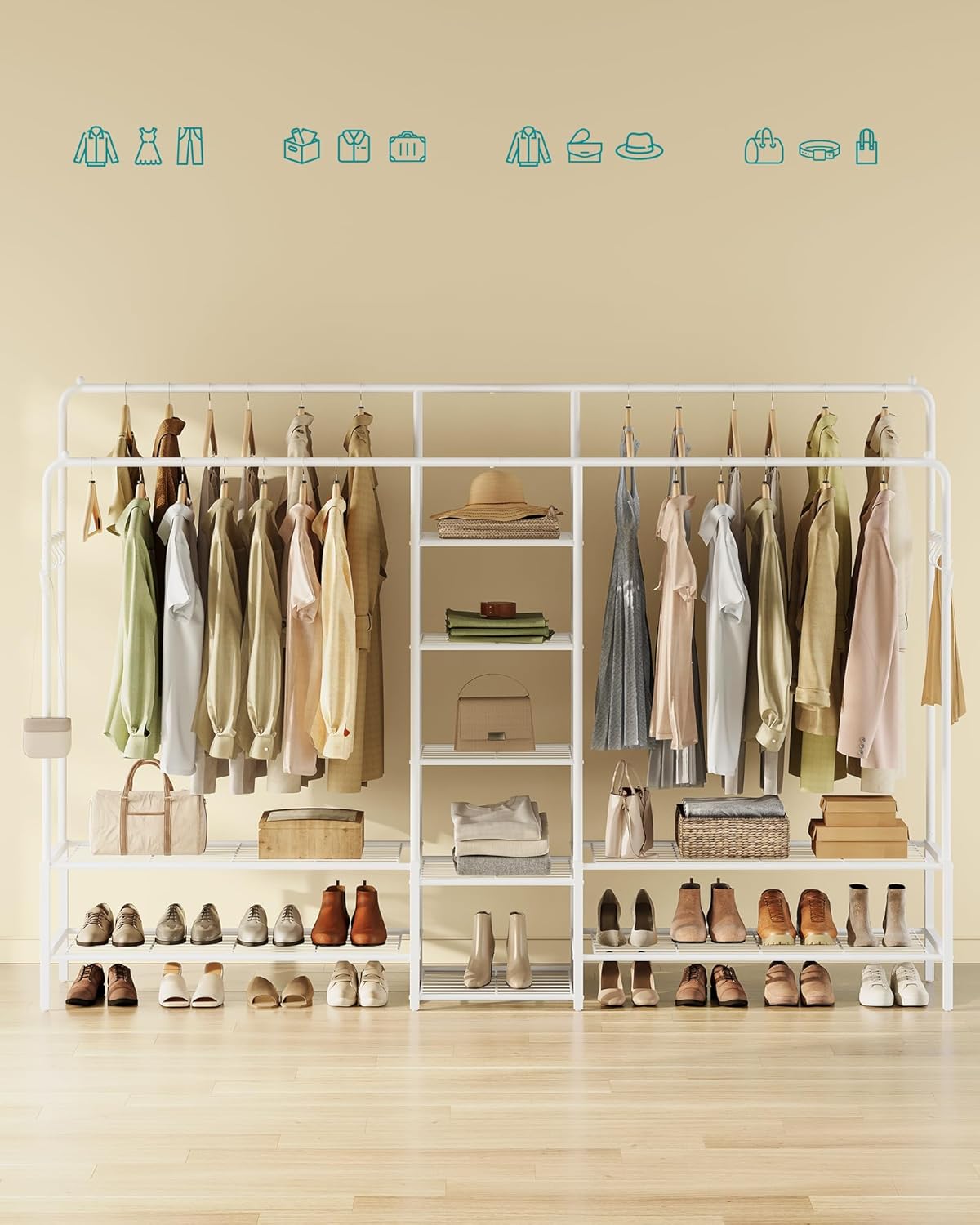 SONGMICS HSR183WG01 Clothes Rack with organized clothes, shoes, and folded items, highlighting its open storage design.