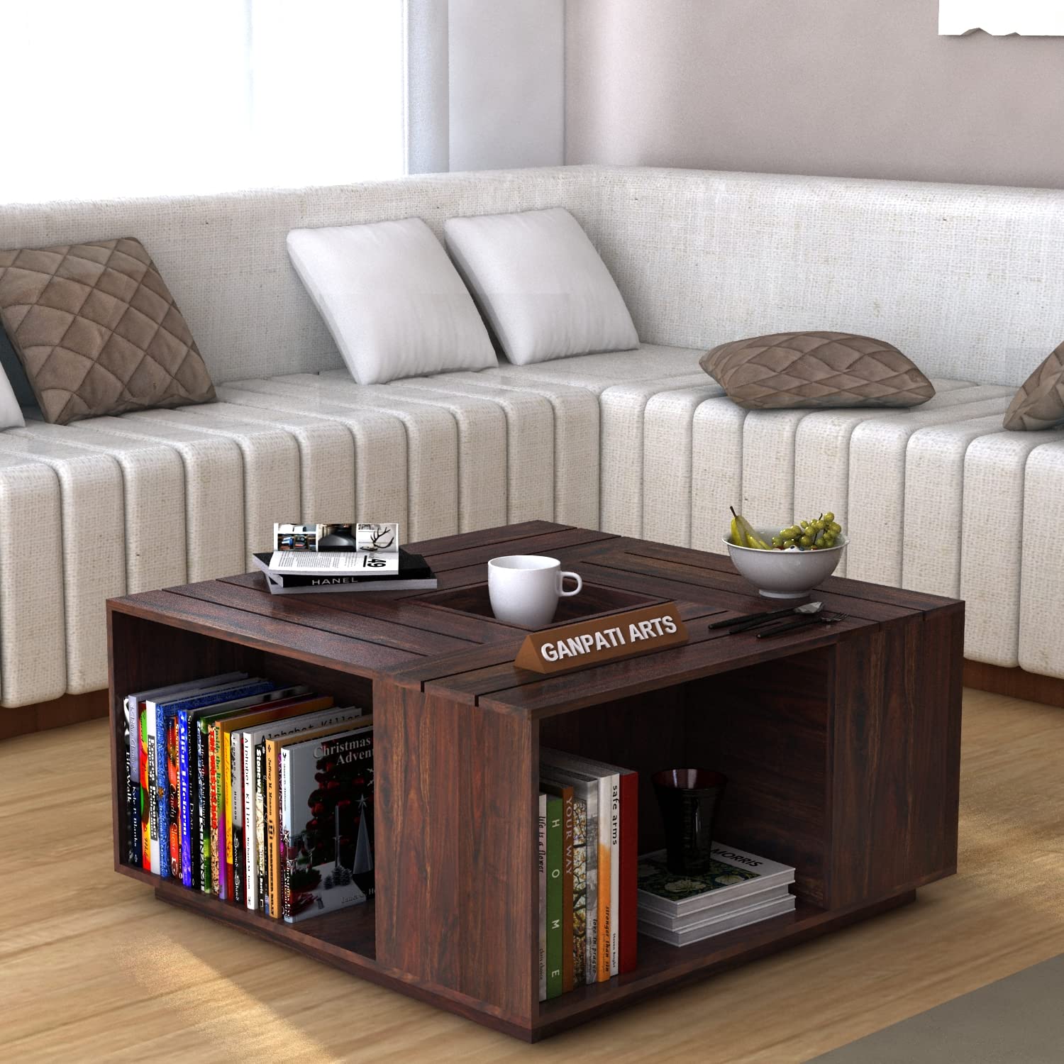 Ganpati Arts Solid Sheesham Wood Centre Coffee Table with Storage for Living Room Wooden Teapoy for Home (Walnut Finish) 1 Year Warranty