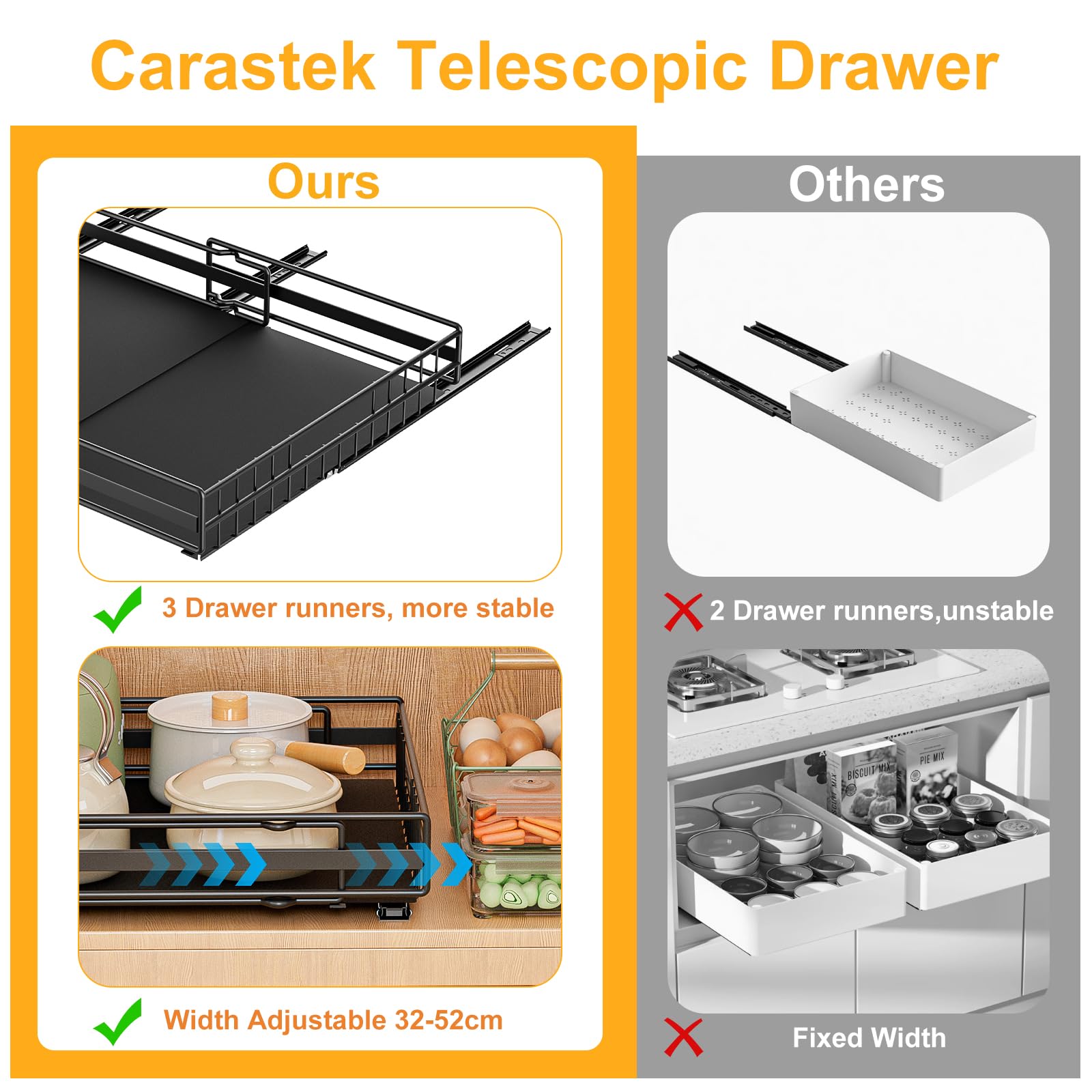 2 Stück Teleskopschublade Ausziehbare Schublade Küche Schubladen Küchenschrank Organizer Küche mit Klebestreifen Ausziehbar Schrank Organizer Kein Bohren Expandierbare Breite 31-50cm/32-52cm (Schwarz)