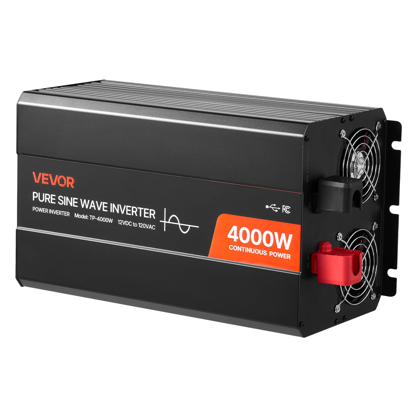 VEVOR Falownik prądu 4000 W, czysty falownik sinusoidalny 12 V DC na 230 V AC, konwerter ładowarki samochodowej z wyświetlaczem LCD, pilotem zdalnego sterowania, portami USB i typem C, gniazdami AC