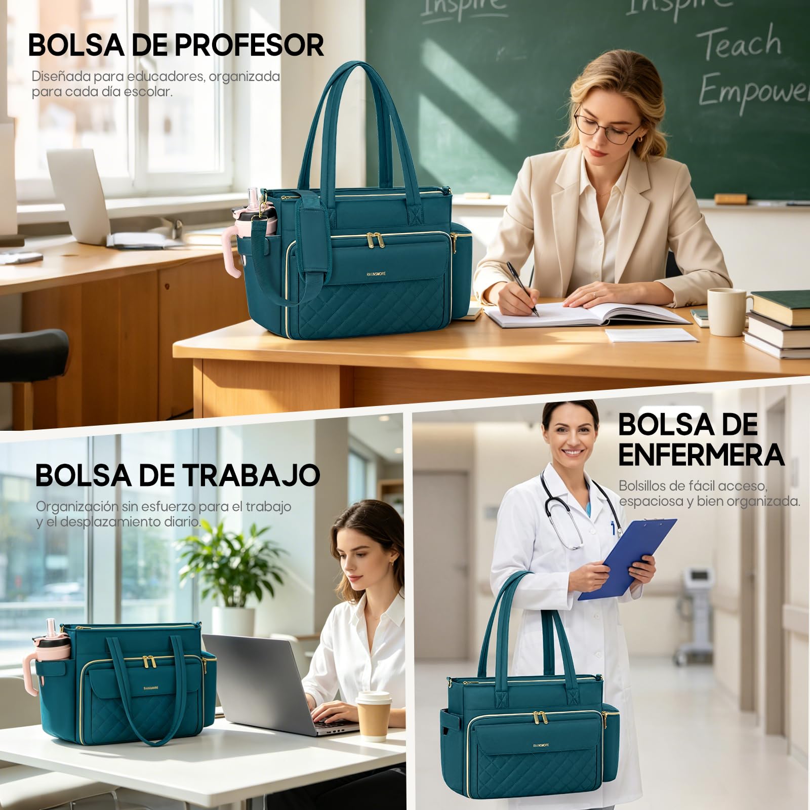 RAINSMORE Maletin Portatil Bolso Profesora Mujer 15.6 Pulgadas | Bolso Ordenador con Bolsillo Aislante y Portavasos, Multibolsillos, para Enfermera Trabajo Universidad
