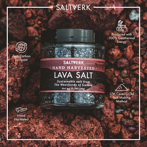 Saltverk Sea Salt -Gourmet, Icelandic, Hand Harvested and Sustainably Made - Lava 3.17 Oz