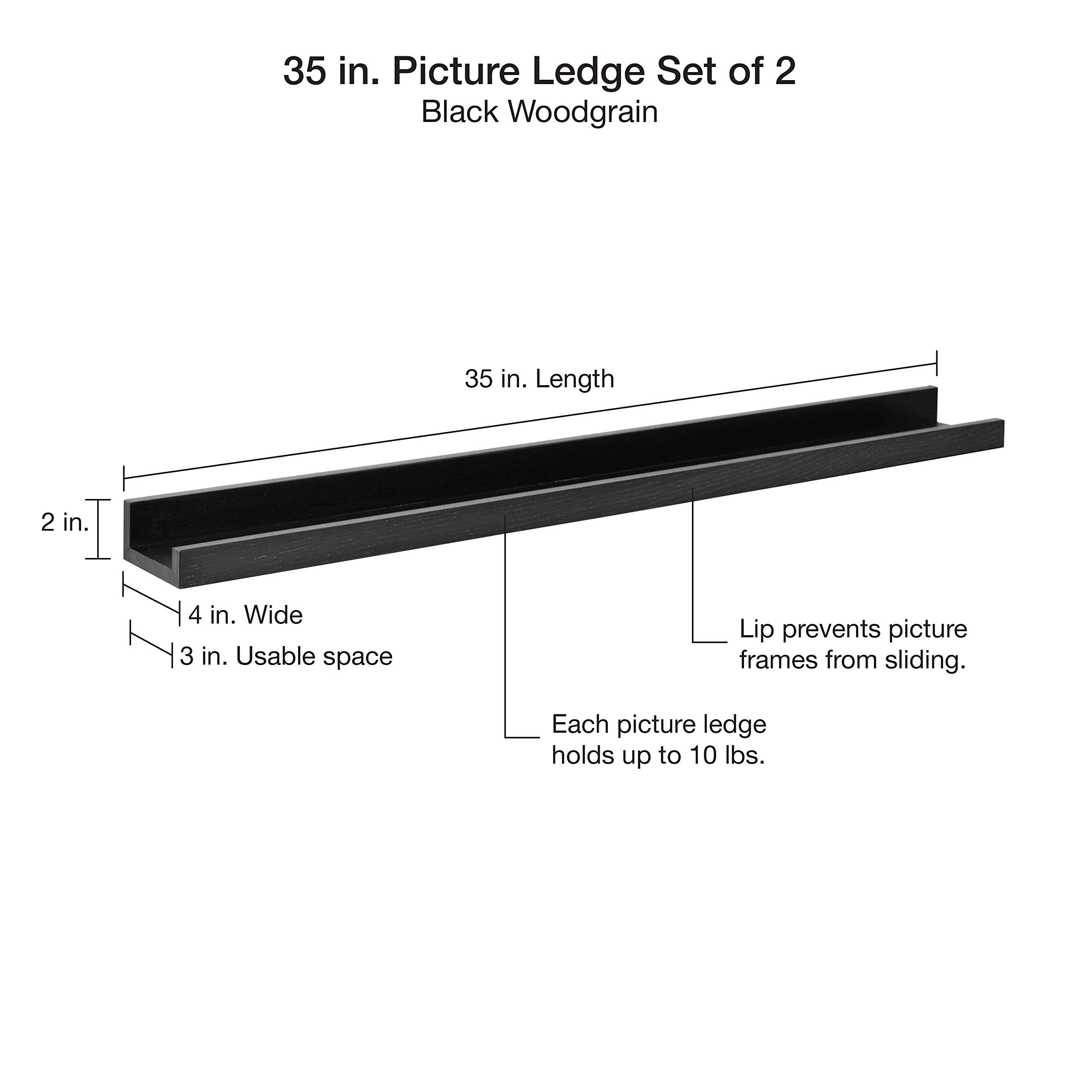 MCS Picture Ledge Shelf, Room Decor Floating Shelf, Black Woodgrain, 35 Inch, Set of 2