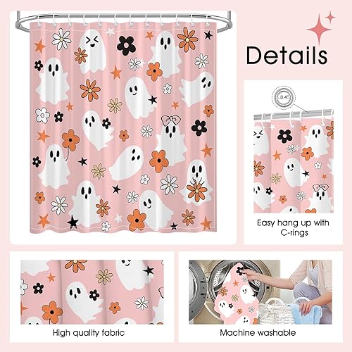 Miniatura 4 de Mocsicka Cortina de ducha de Halloween, estética de fantasma, decoración de baño, moderna y gótica, espeluznante cortina de baño (rosa, 71 x 71