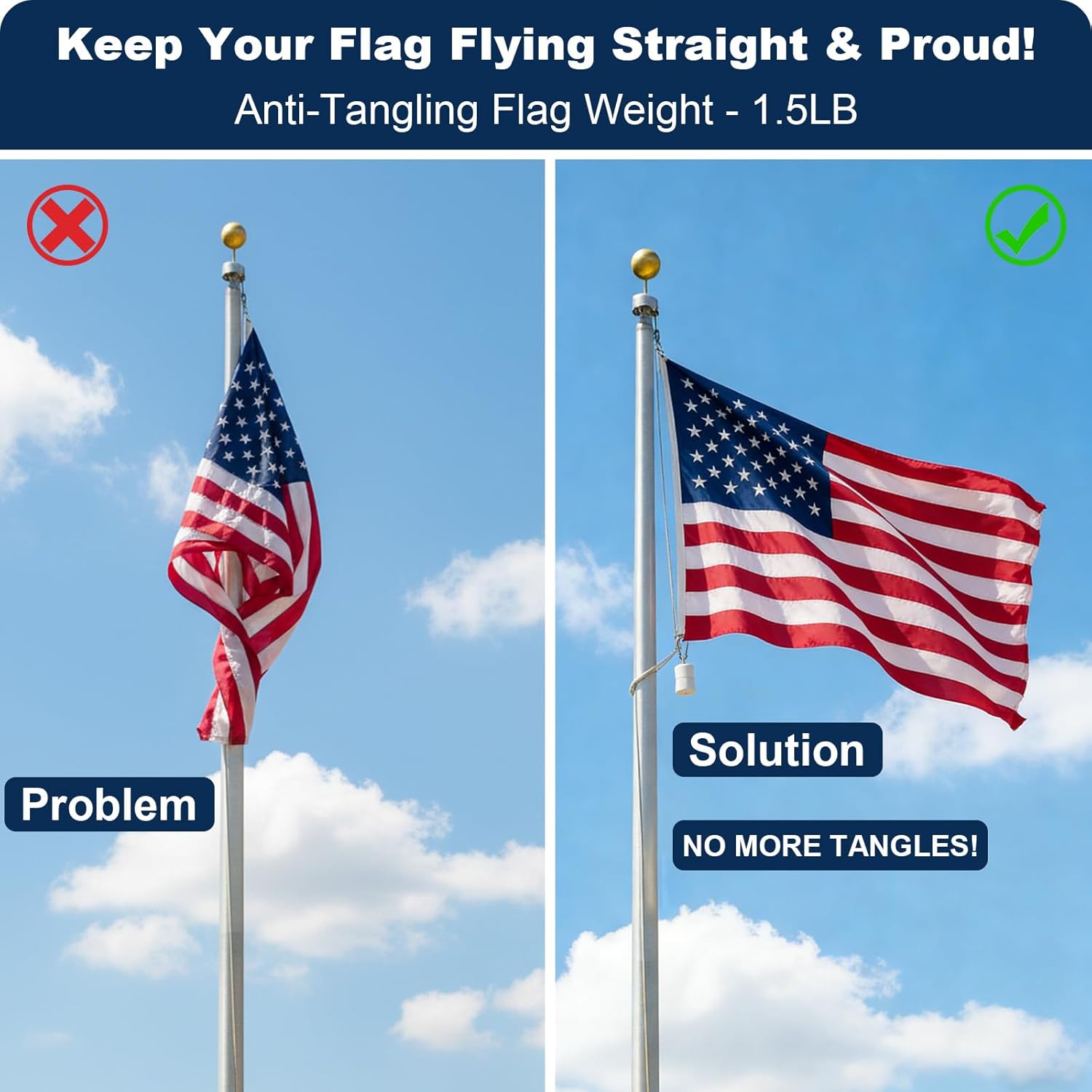 Flag Weights for Bottom of Flag 1.5 LB, Single Eye Bolt Counterweight to Keep Flags Straight in Wind, Heavy Duty Outdoor Flag Weight with a Carabiner for Internal Halyard System