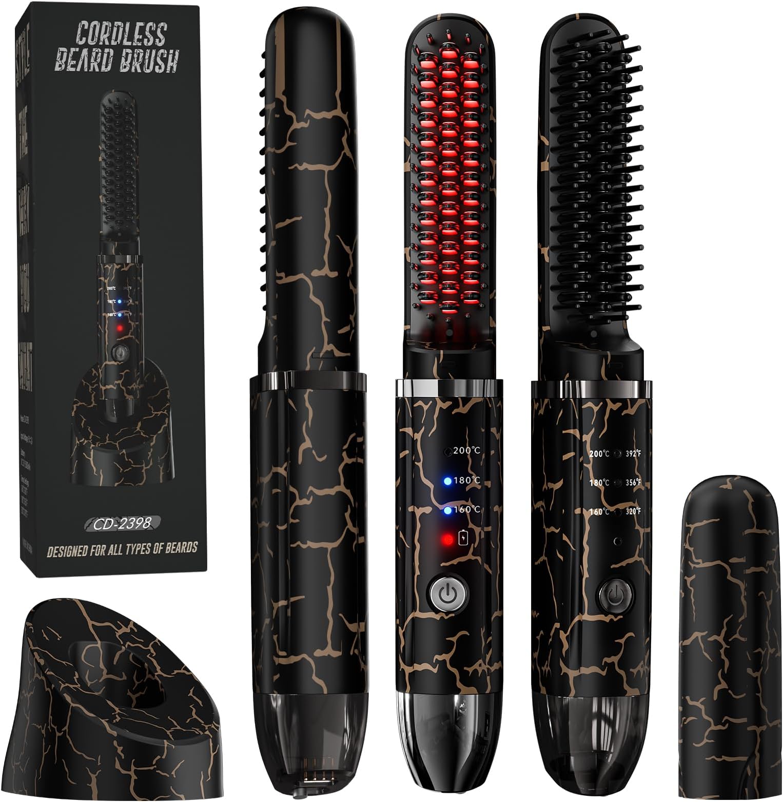 Beard Straightener for Men, Cordless Beard Heated Brush and Hair Straightener Hot Comb with 3 Temp Settings, Anti-Scald, Ionic Technology for Home Travel