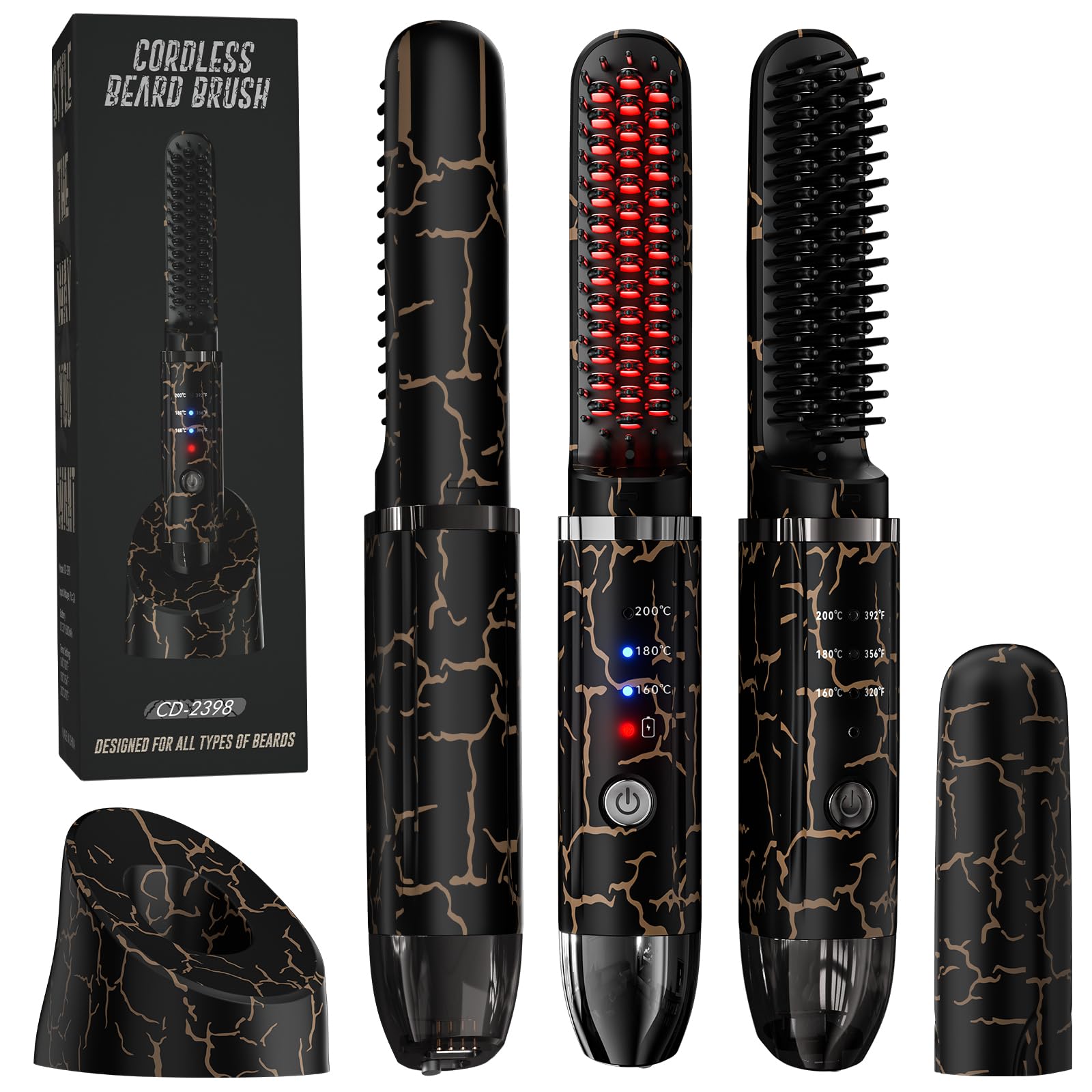 Beard Straightener for Men, Cordless Beard Heated Brush and Hair Straightener Hot Comb with 3 Temp Settings, Anti-Scald, Ionic Technology for Home Travel