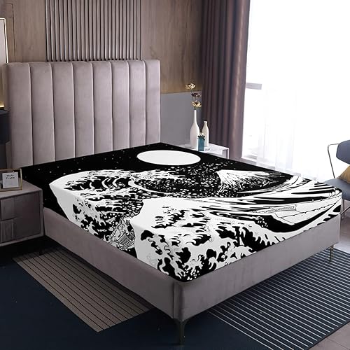 Miniatura 4 de Erosebridal Sábana bajera ajustable tamaño individual, diseño de olas del océano, diseño de montaña Fuji, estilo japonés, juego de ropa de cama con