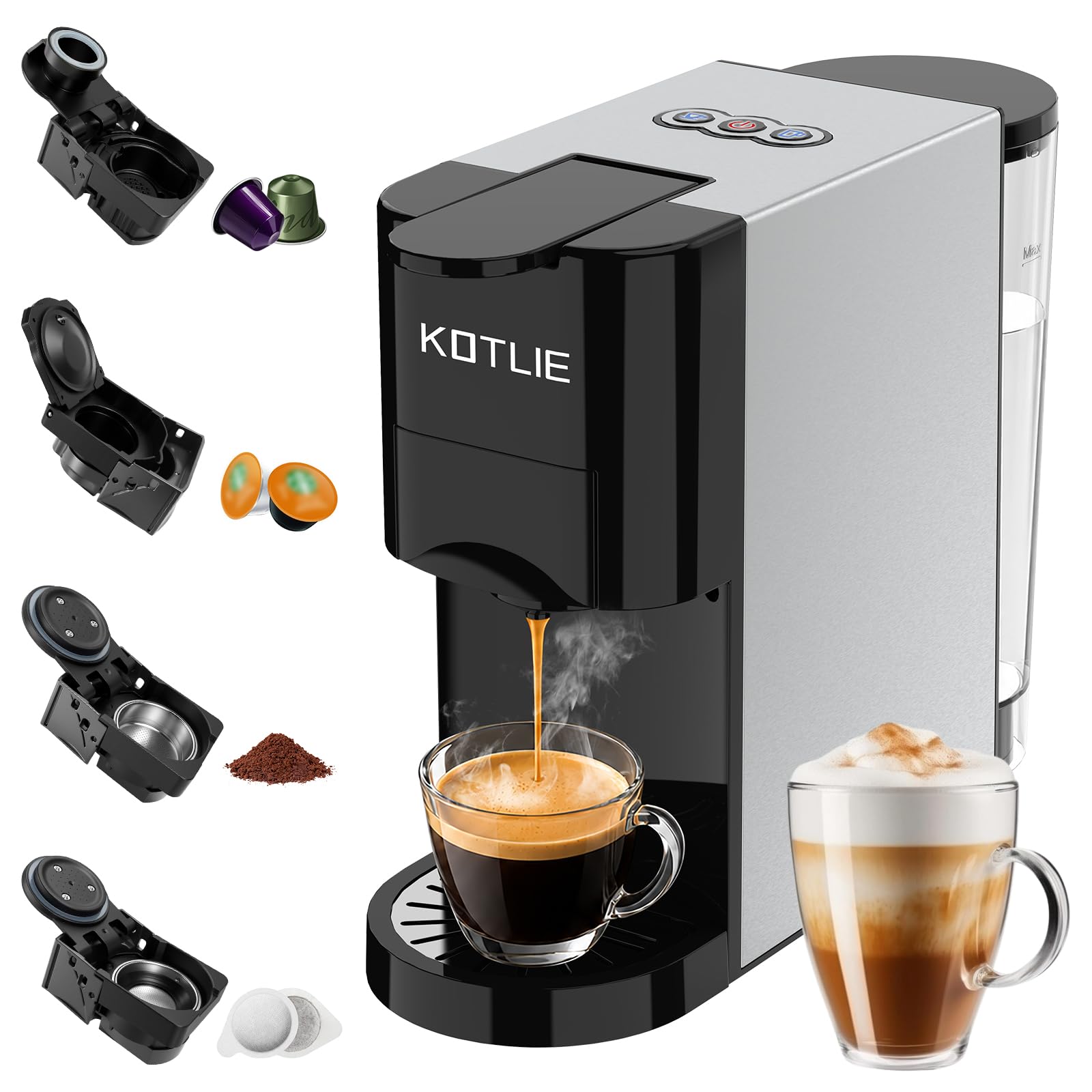Espresso 4in1 Coffee Pods Machine for Nespresso Original/Dolce Gusto/Ground Capsule and ESE Coffee Pods,20 Bar Automatic Coffee Capsule Machine, AC-513K