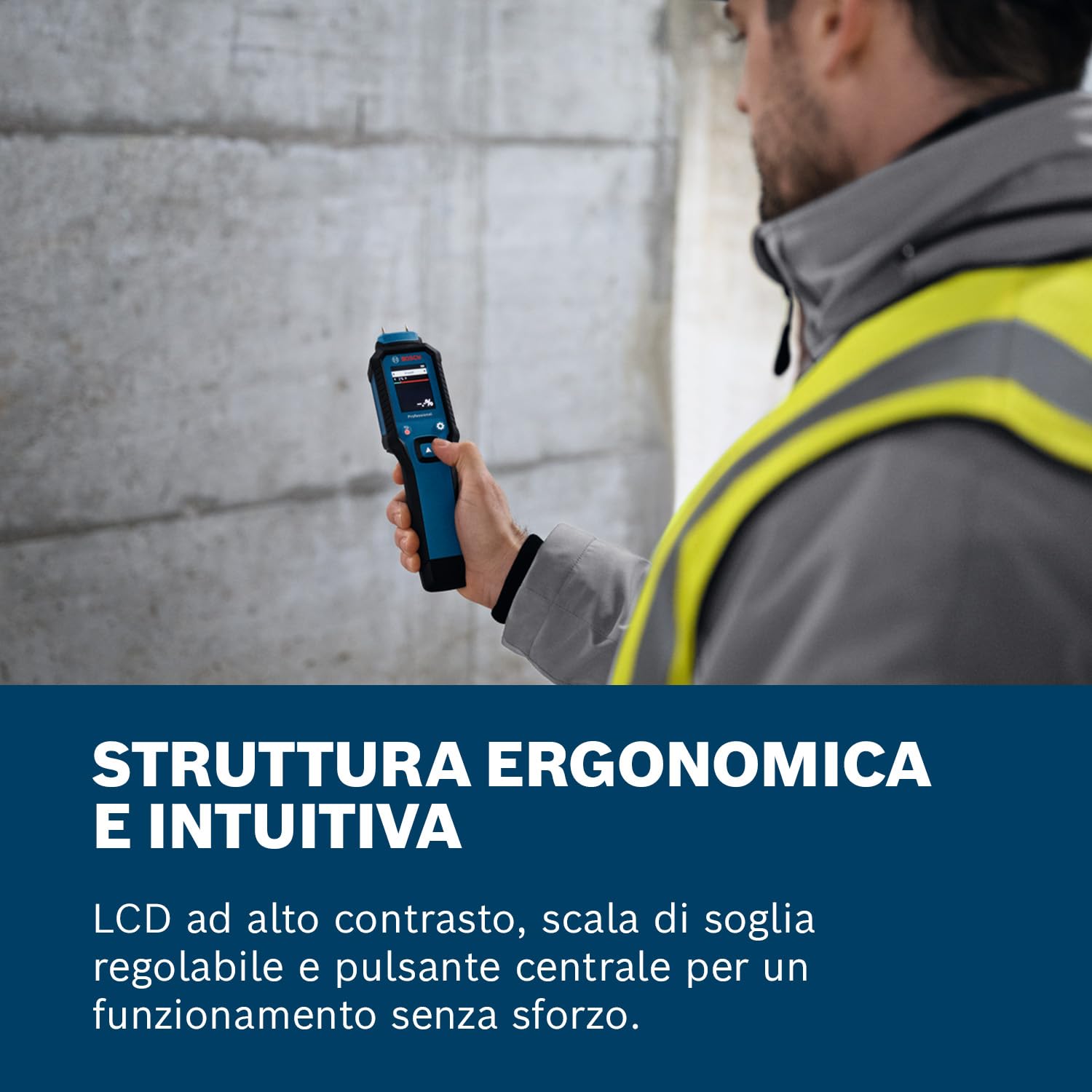Bosch Professional Igrometro GMP 1-13 (con pin di misurazione, misura 37 tipi di legno e 10 materiali da costruzione, protezione IP65, LCD ad alto contrasto, 2 batterie AA, custodia)