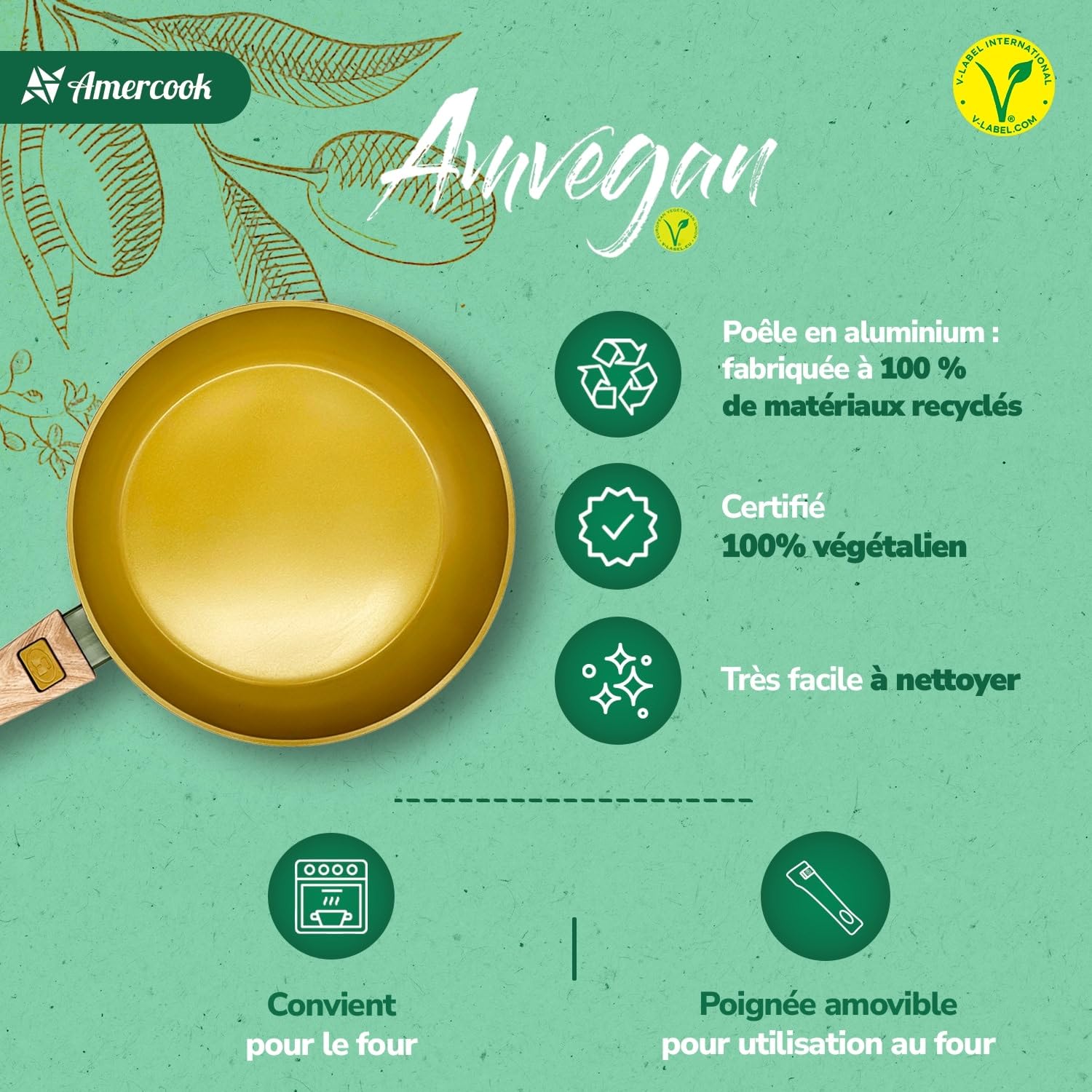 Wok AMERCOOK AmVegan Chef 28cm - Revêtement Céramique à L'huile D'olive, 100% Vegan, Compatible Induction, Four Et Air Fryer