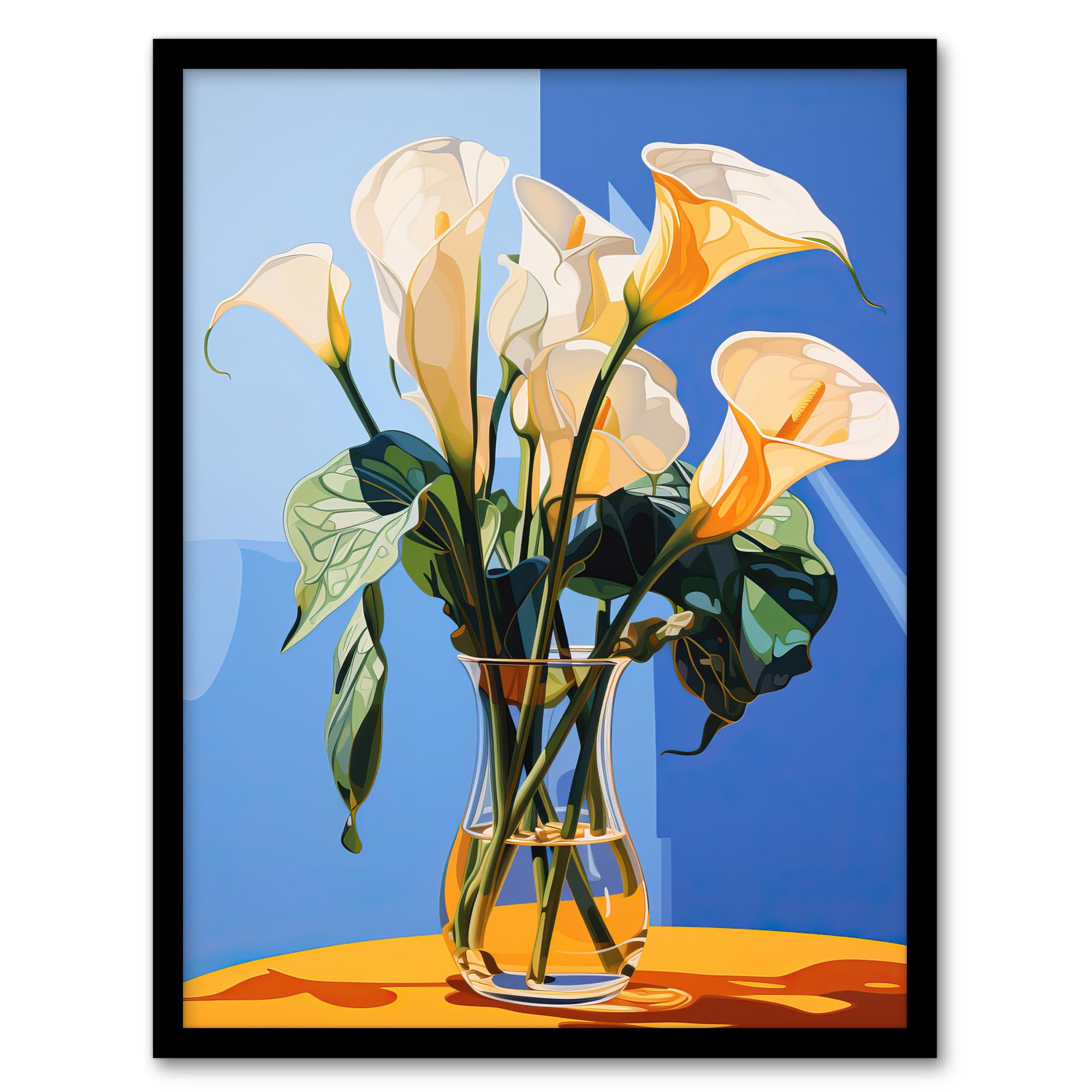 Wee Blue Coo Luxurious Lily Calla Floral Blue Yellow Artwork Framed Wall Art Print 18X24 Inch