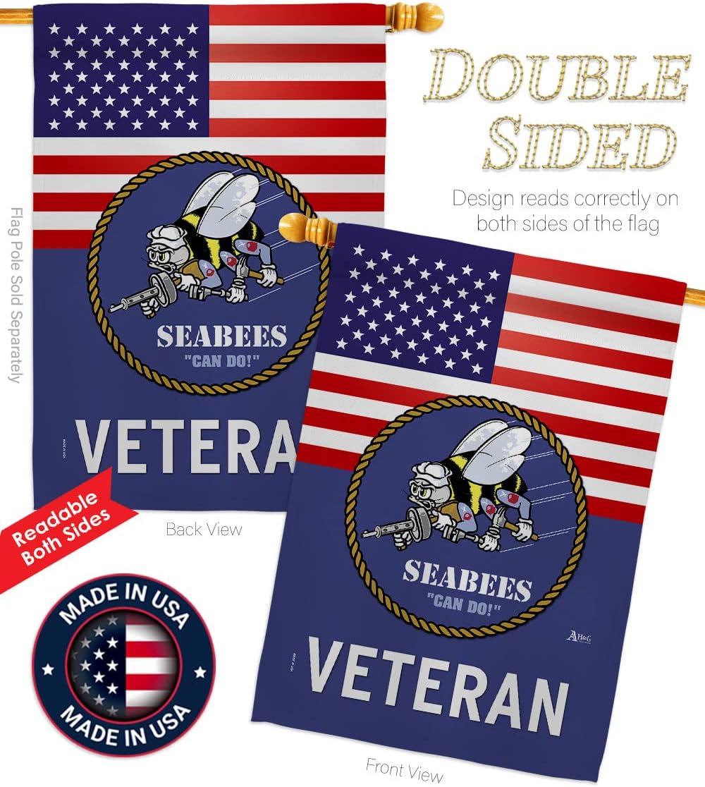 US Seabees Veteran House Flag - Pack Armed Forces Navy USN Seabee United State American Military Retire Official USA Embroidery - Banner Small Garden Yard Gift Double-Sided Made in 28 X 40