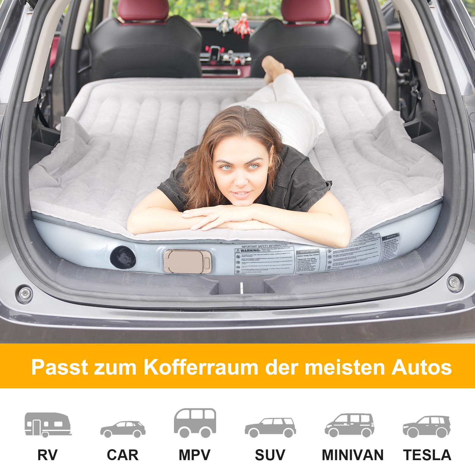 KMZ SUV Luftmatratze mit eingebauter elektrischer Pumpe - Verdickte und geflockte Auto-Bettmatratze für Reisen und Camping - 300 kg Tragfähigkeit - Grau