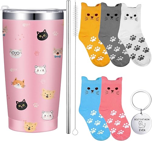 Sliner Juego de regalos de cumpleaños para amantes de los gatos, vaso con tapa y pajita, 5 pares de calcetines lindos y llavero para mamá, regalos