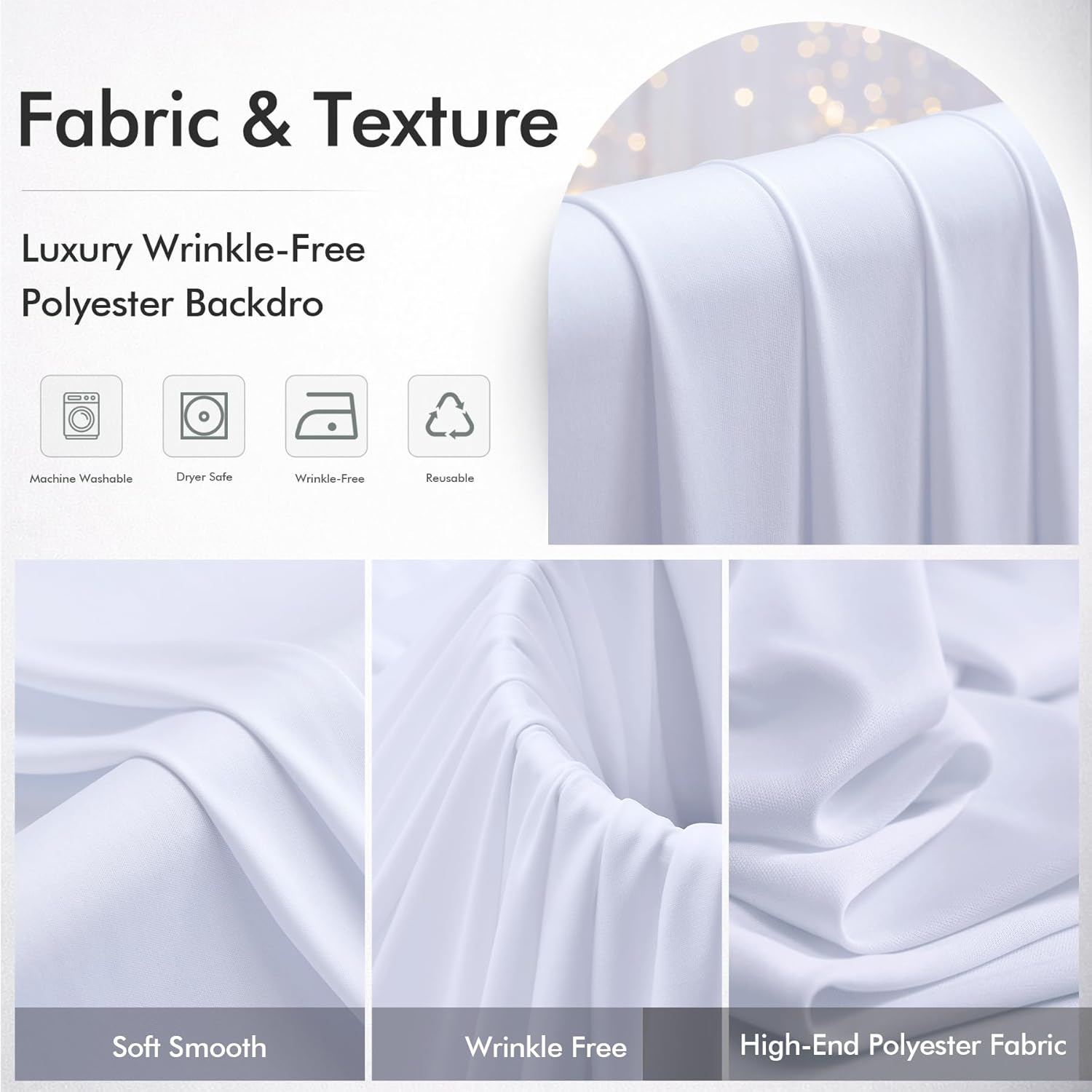 50ftx12ft Wrinkle Free White Backdrop Curtain, 10 Panels 12FT Height White Drapes for Wedding, Silky Polyester Photo Back Drop Cloth Draping for Birthday Party Photography Background