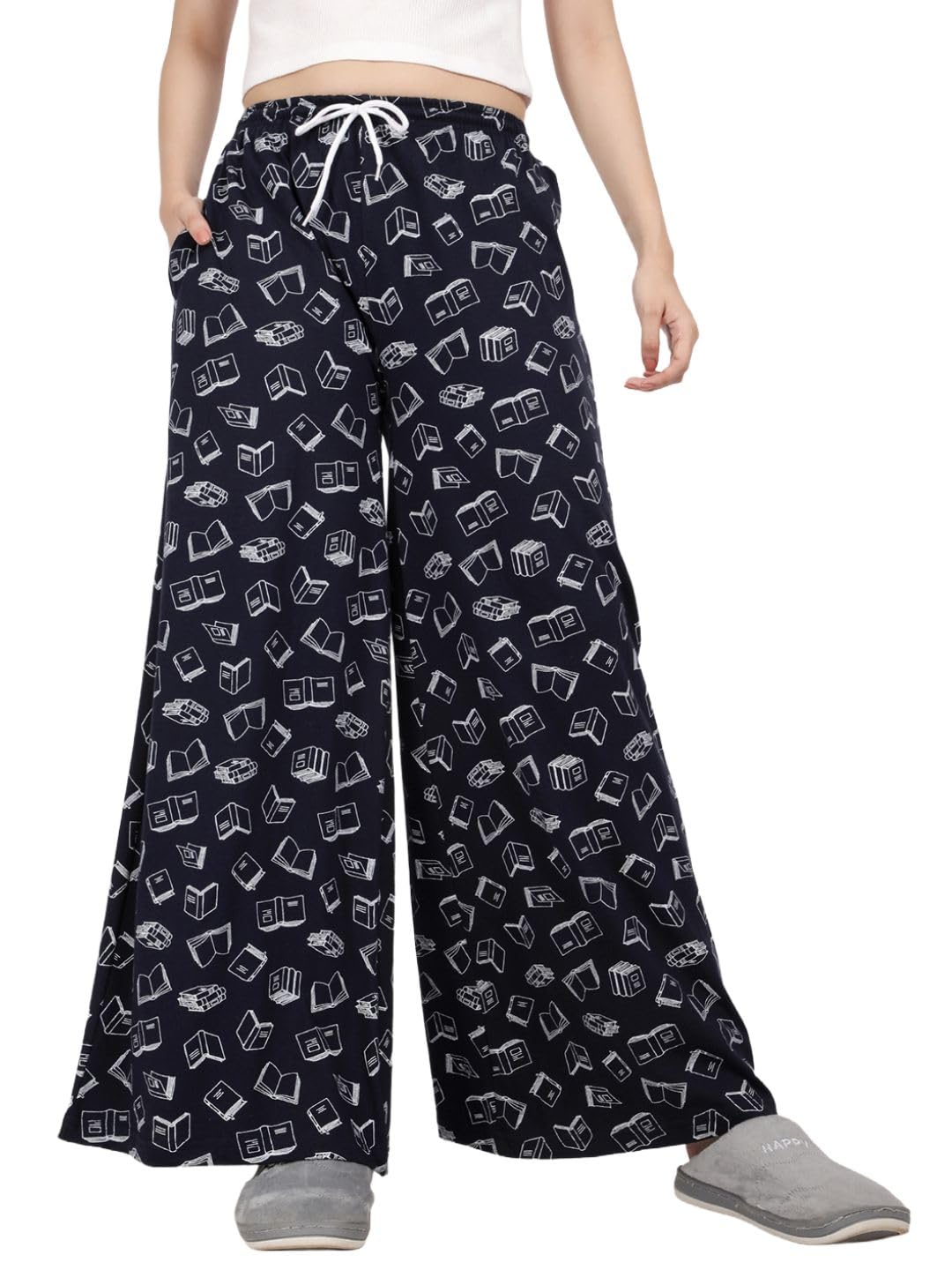 esplendido Women pyjama pure cotton relaxed fit Wide-leg loungepant (Navy;L)-picture-17