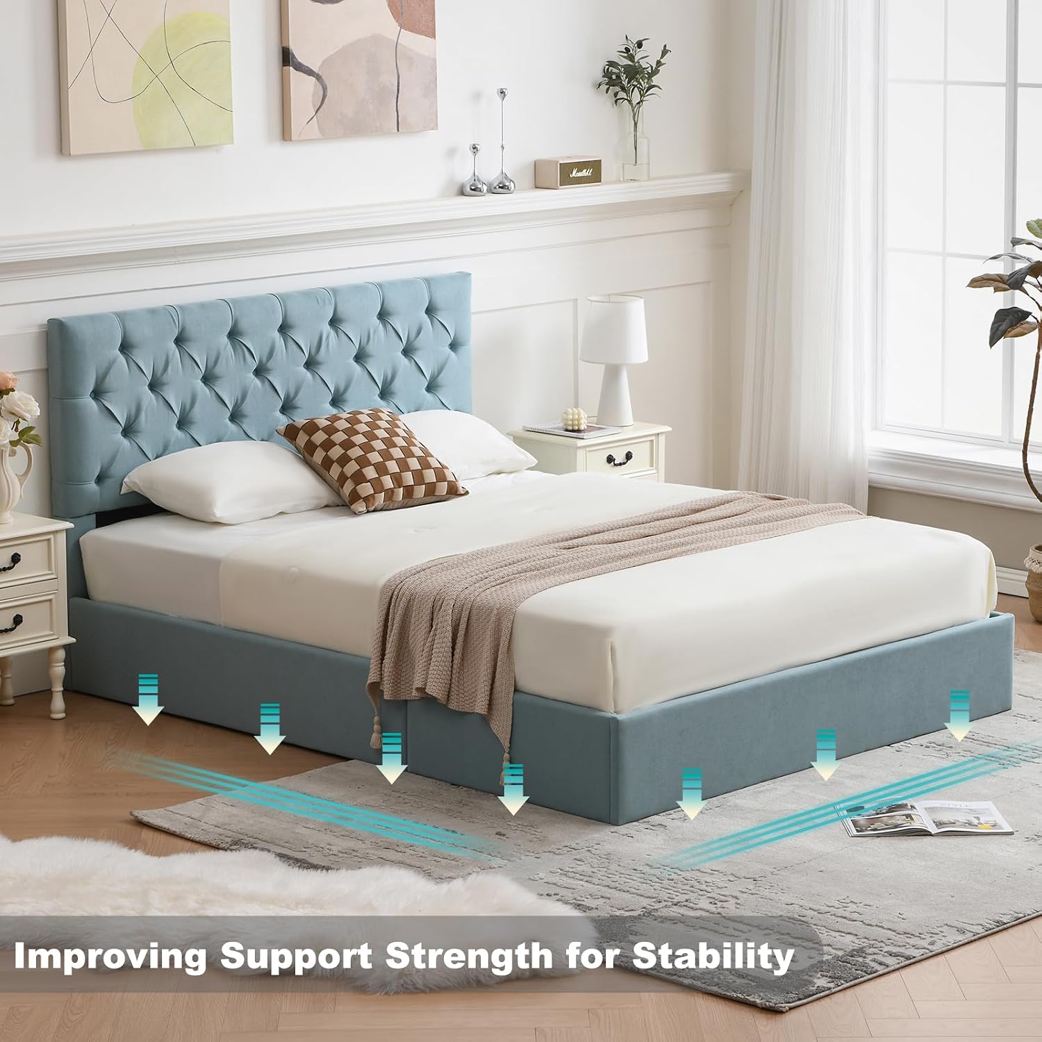 VELOCAVA Queen Size Lift-Up Storage Bed, Light Blue Linen-Textured Upholstered Platform Frame with Button-Tufted Headboard, Space-Saving Modern Design, No Box Spring Needed