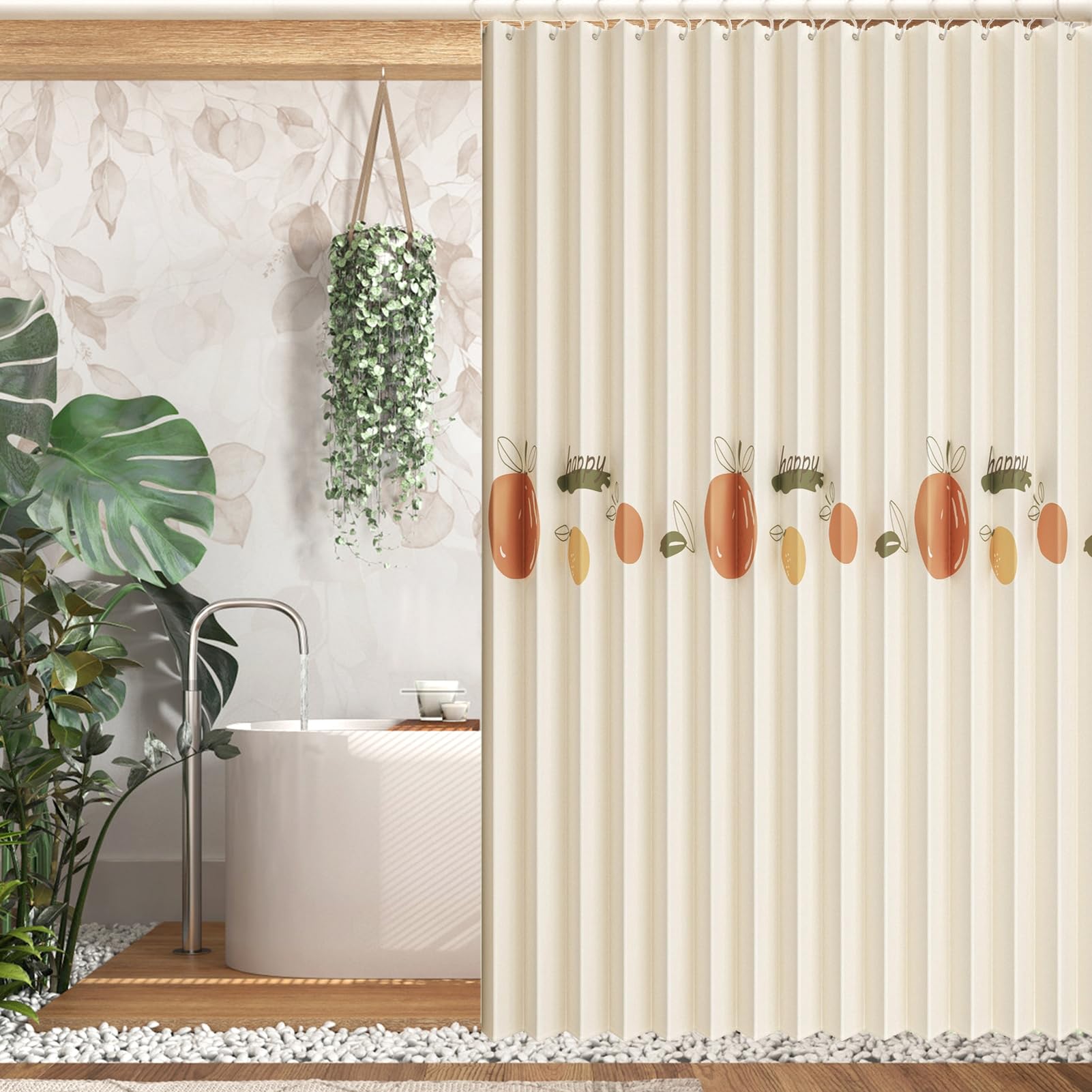 Momooda Cortina Ducha de Lino Plegable e Impermeable con Ganchos, Cortina de Ducha Antimoho Magnética Estampada para Baño, A Prueba de Salpicaduras, Frutas, 120x200cm
