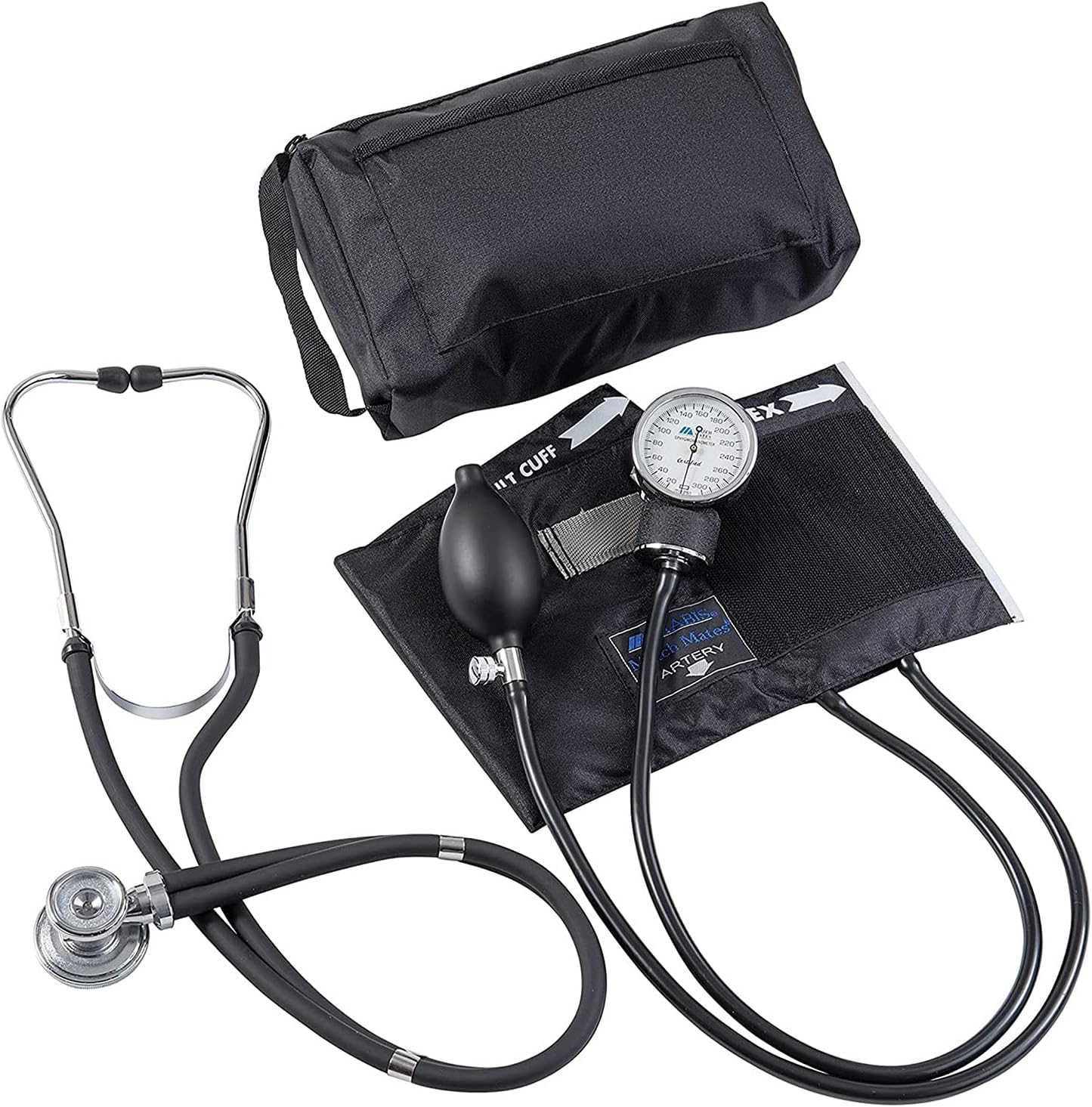 MABIS MatchMates Aneroid Sphygmomanometer and 31" Sprague Rappaport Stethoscope Combination Manual Blood Pressure Kit with Calibrated Nylon Cuff and Oversized Carrying Case, Adult Black