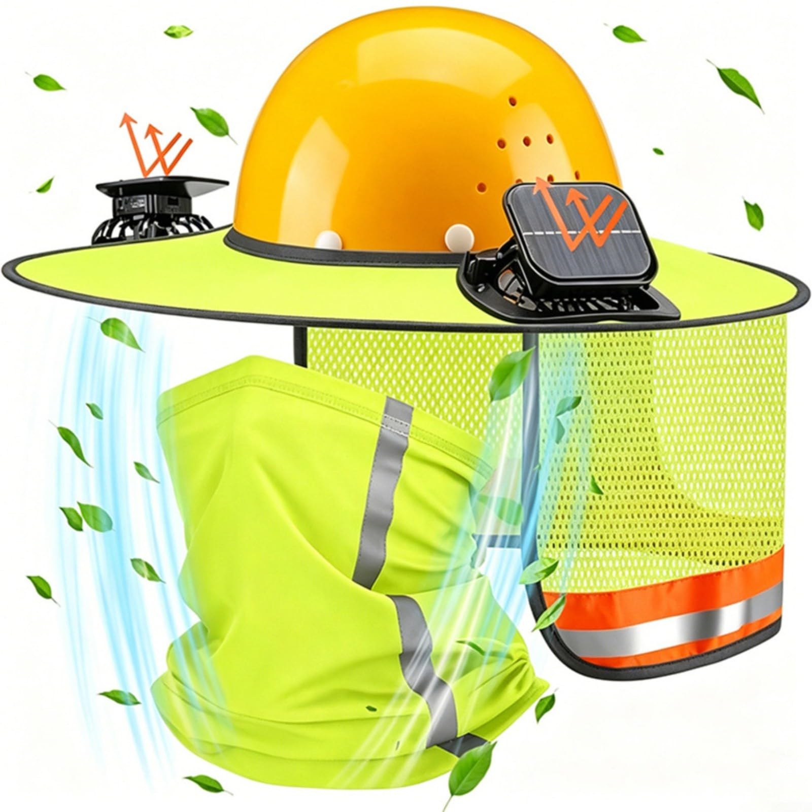 Parasol para casco duro con ventiladores solares duales, visera de ala completa con capa de malla desmontable y polaina para el cuello, accesorio de enfriamiento recargable por USB