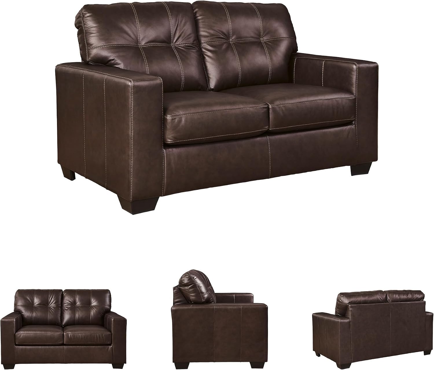 Pemberly Row Contemporary Leather Loveseat, 62" W x 38" D x 39" H, Genuine and Faux Leather Upholstery, Dark Brown Finish, Tufted Cushions, Solid Wood Frame, Comfortable Seating for Living Room or