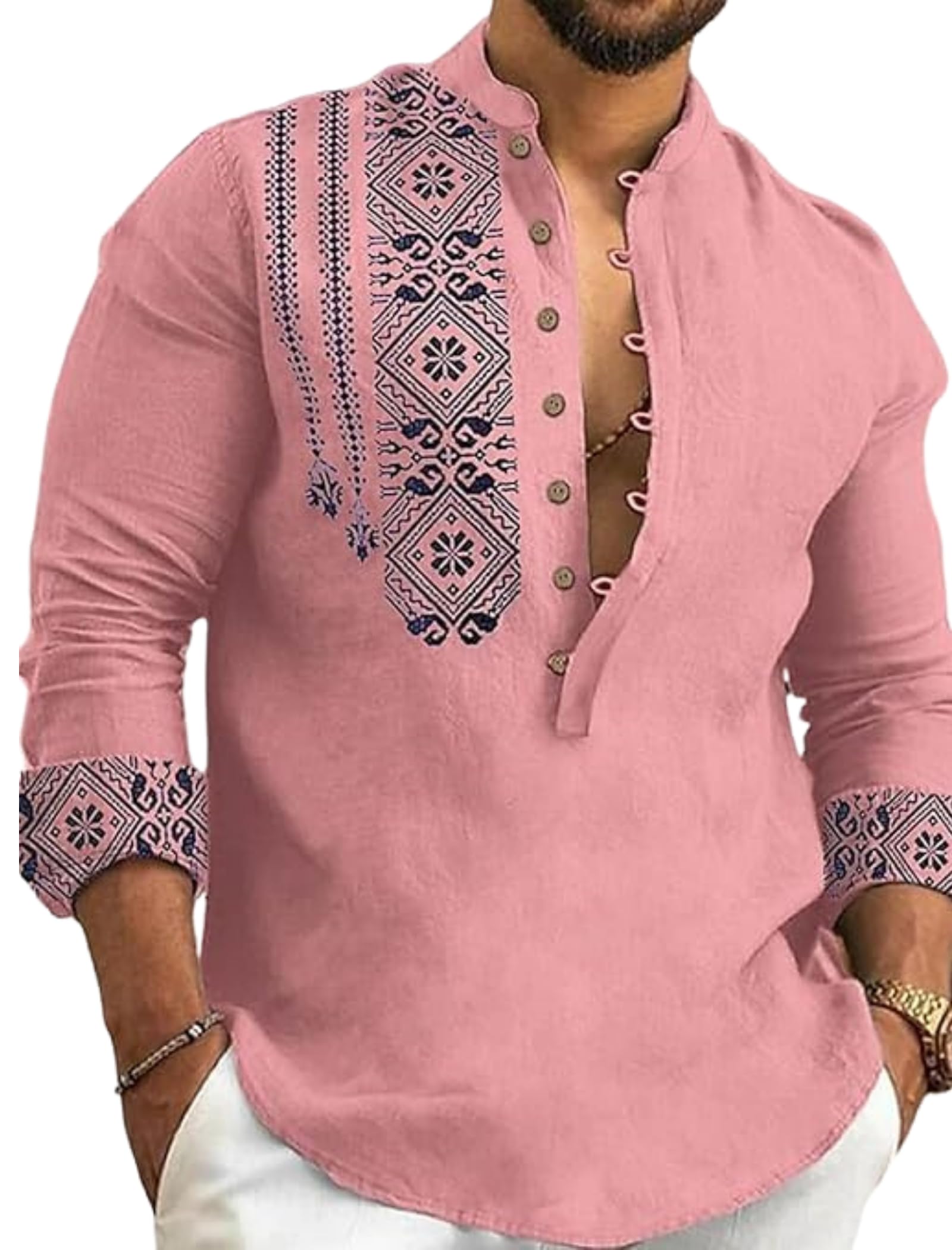 Deemoon Men's Pink Kurta Casual Long Sleeve Cotton Blend Kurta, Xl