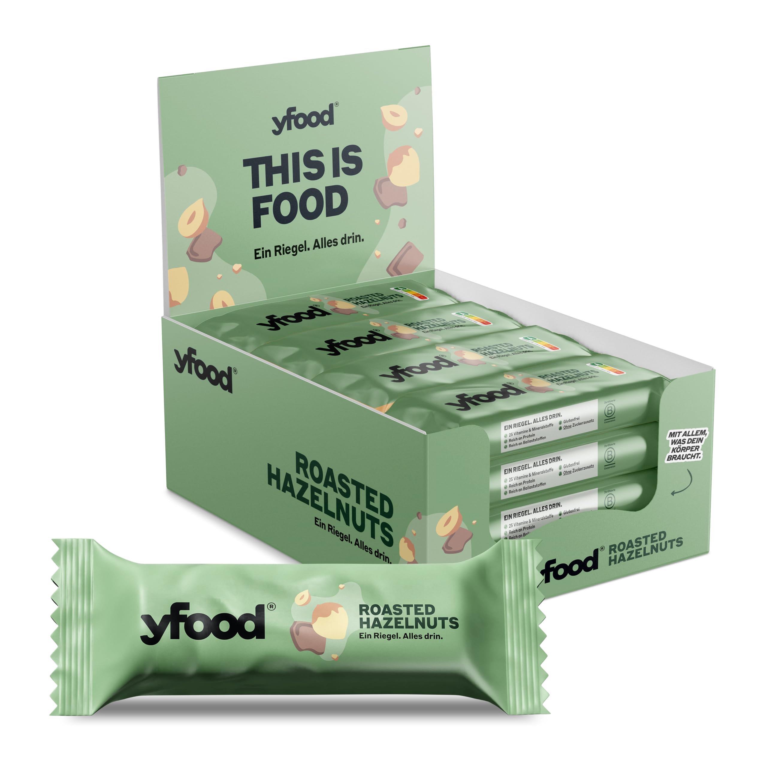 Barre yfood Roasted Hazelnuts, barre protéinée à emporter, 13 g de protéines, 25 vitamines et minéraux (12 x 60 g)