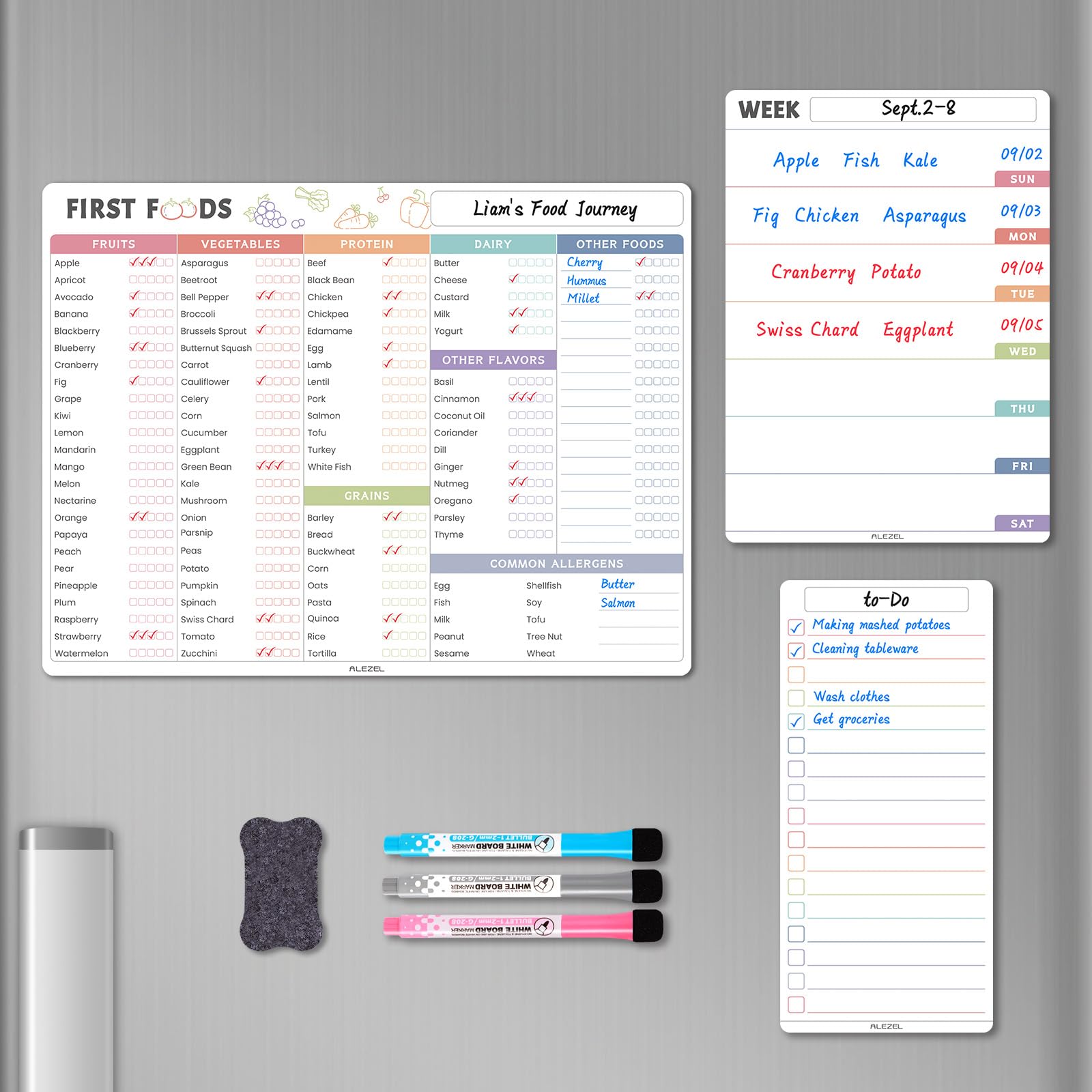 ALEZEL Baby First Food Tracker Kühlschrankmagnet, trocken abwischbare Babynahrungstabelle / Checkliste Set – Babynahrung Protokoll & Mahlzeitenplaner für den Kühlschrank, 3 Marker + Radiergummi