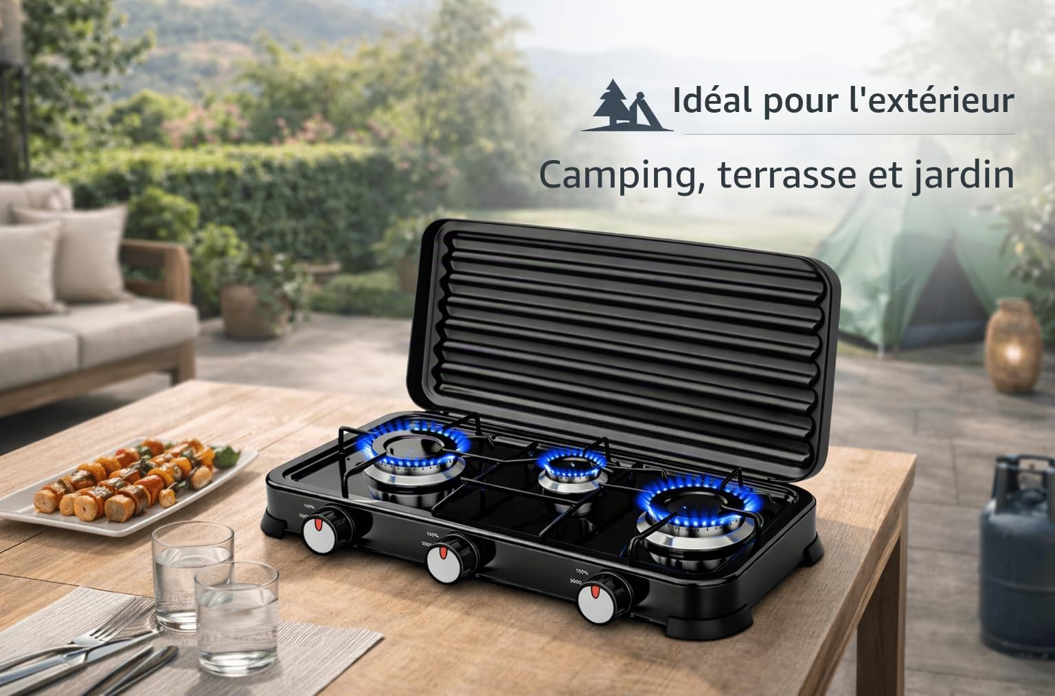 Réchaud à gaz portable à 3 feux pour extérieur, réchaud à gaz butane et propane avec couvercle amovible, flamme réglable, 5,4 kW, cuisinière d'appoint compacte (3 feux)