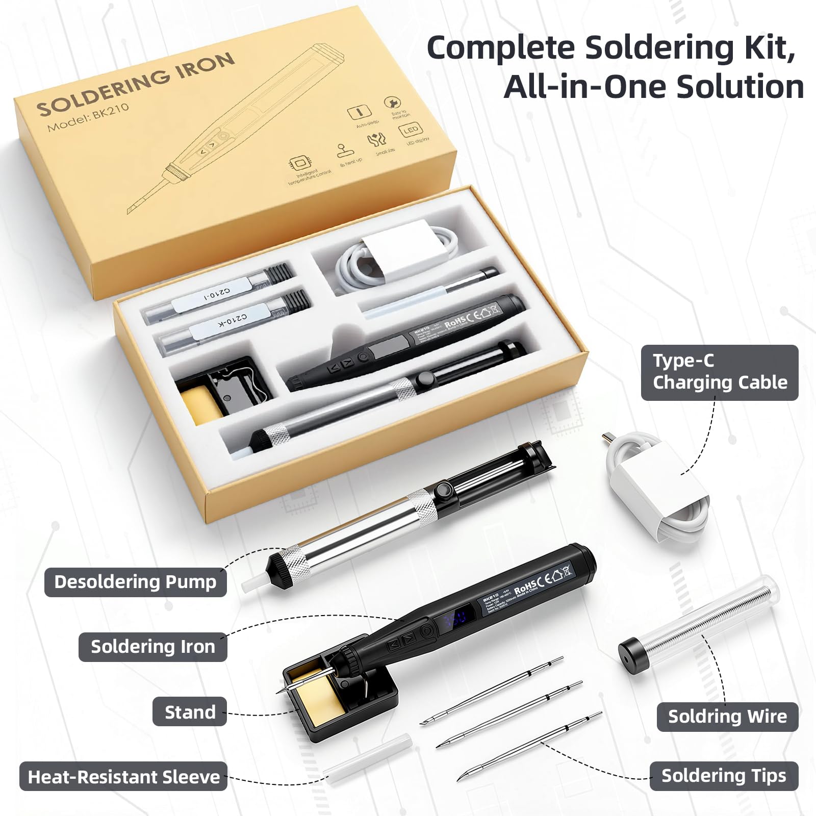 SMOOL Soldador Inalámbrico 12W, Calentamiento 8s, Batería 3200mAh, Temp. 180-450℃ LCD PID, Reposo Automático, 3 Puntas C210 para Reparación Electrónica y Bricolaje